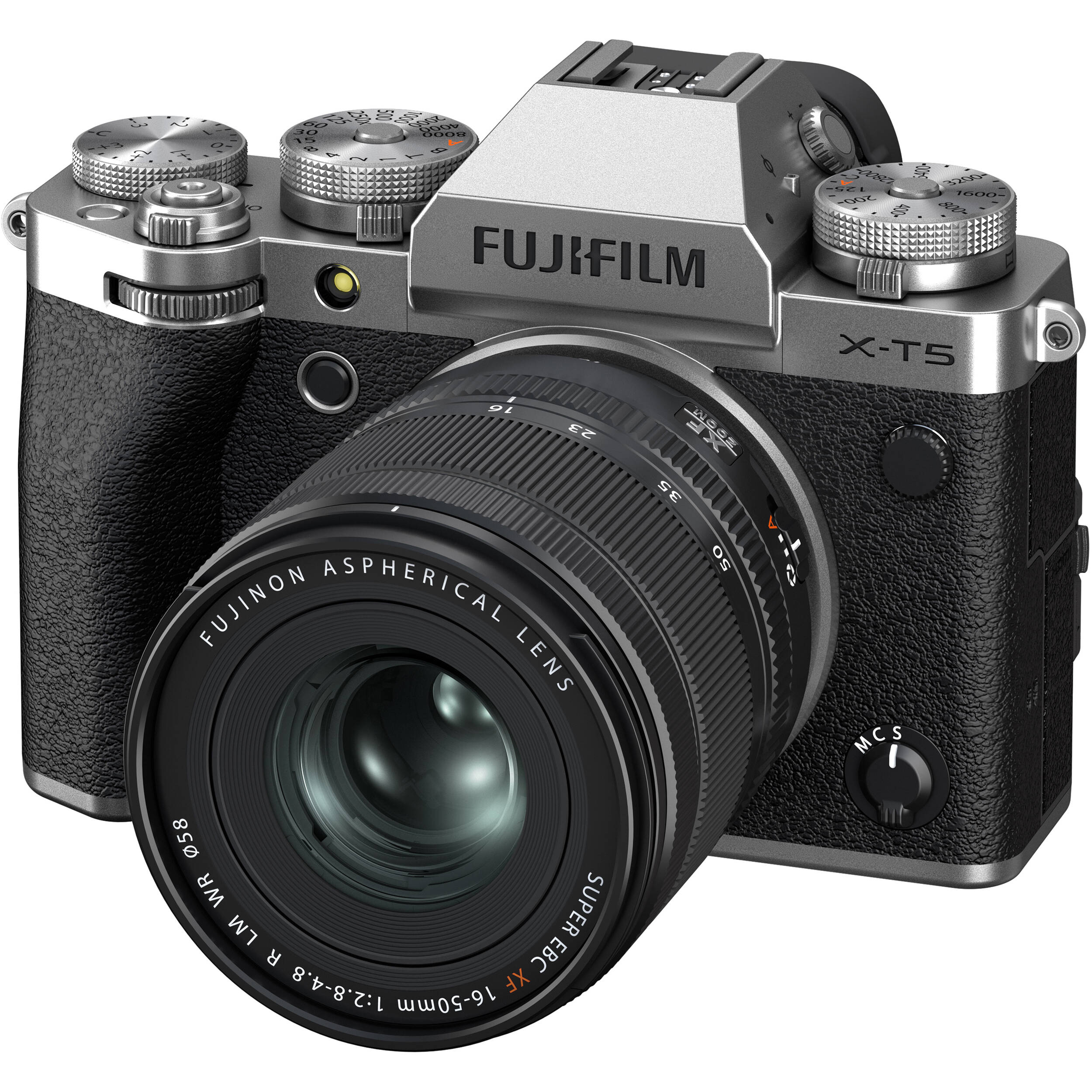 Fujifilm X-T5 silver mirrorless camera with XF 16-50mm f/2.8-4.8 R LM WR lens, 40.2MP APS-C X-Trans CMOS 5 HR sensor, 7-stop in-body image stabilization, 3.69m-dot OLED EVF, and advanced video with 4K 120p and 6.2K 30p recording