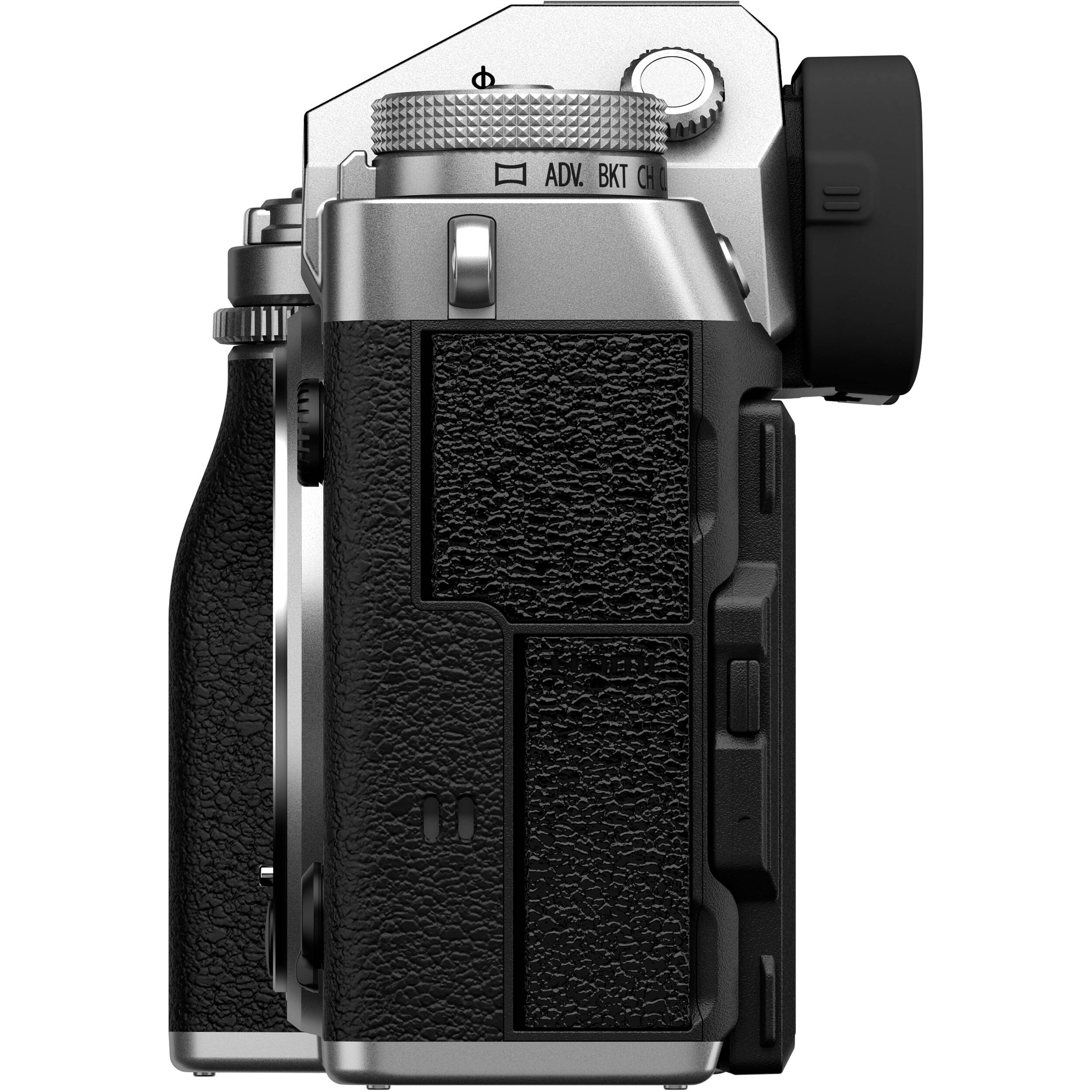 Fujifilm X-T5 silver mirrorless camera with XF 16-50mm f/2.8-4.8 R LM WR lens, 40.2MP APS-C X-Trans CMOS 5 HR sensor, 7-stop in-body image stabilization, 3.69m-dot OLED EVF, and advanced video with 4K 120p and 6.2K 30p recording