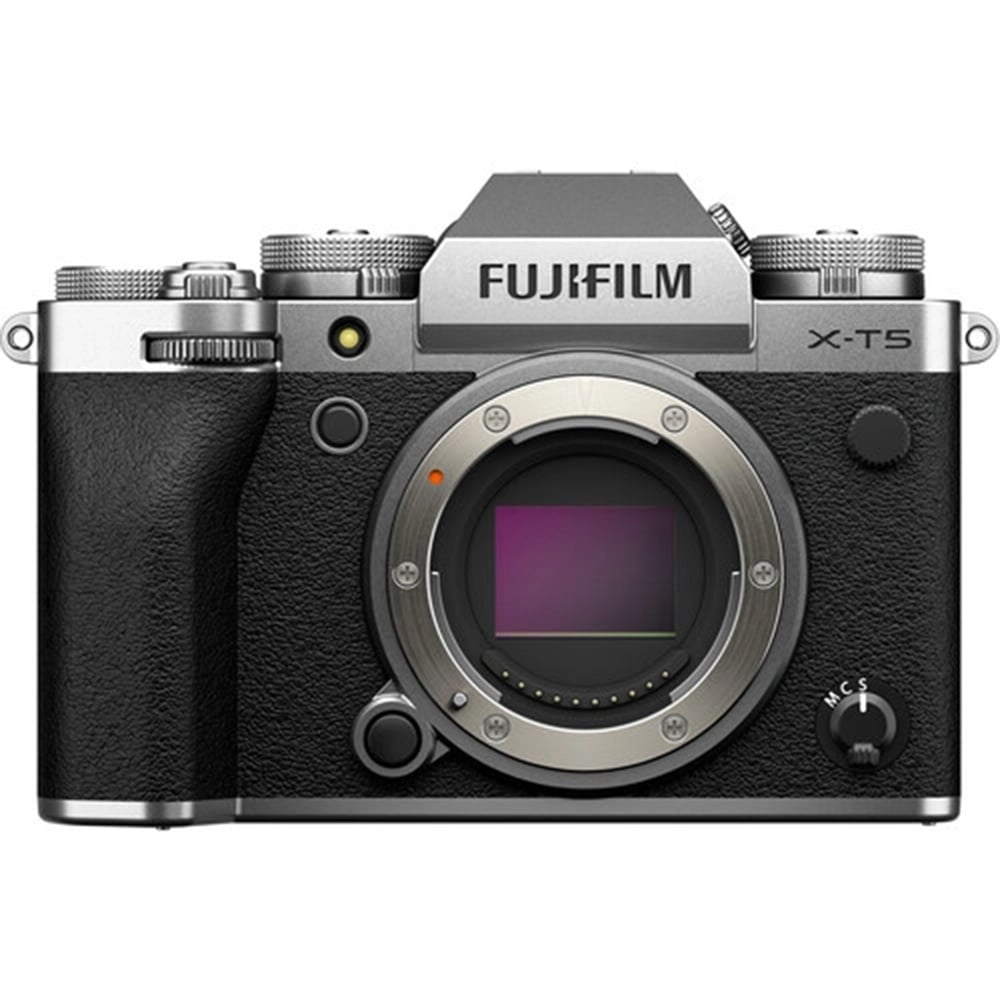 Fujifilm X-T5 silver mirrorless camera with 40.2MP APS-C X-Trans CMOS 5 HR sensor, 7-stop 5-axis in-body image stabilization, 3.69m-dot OLED viewfinder, 3-inch tilting touchscreen, and 6.2K 30p video recording