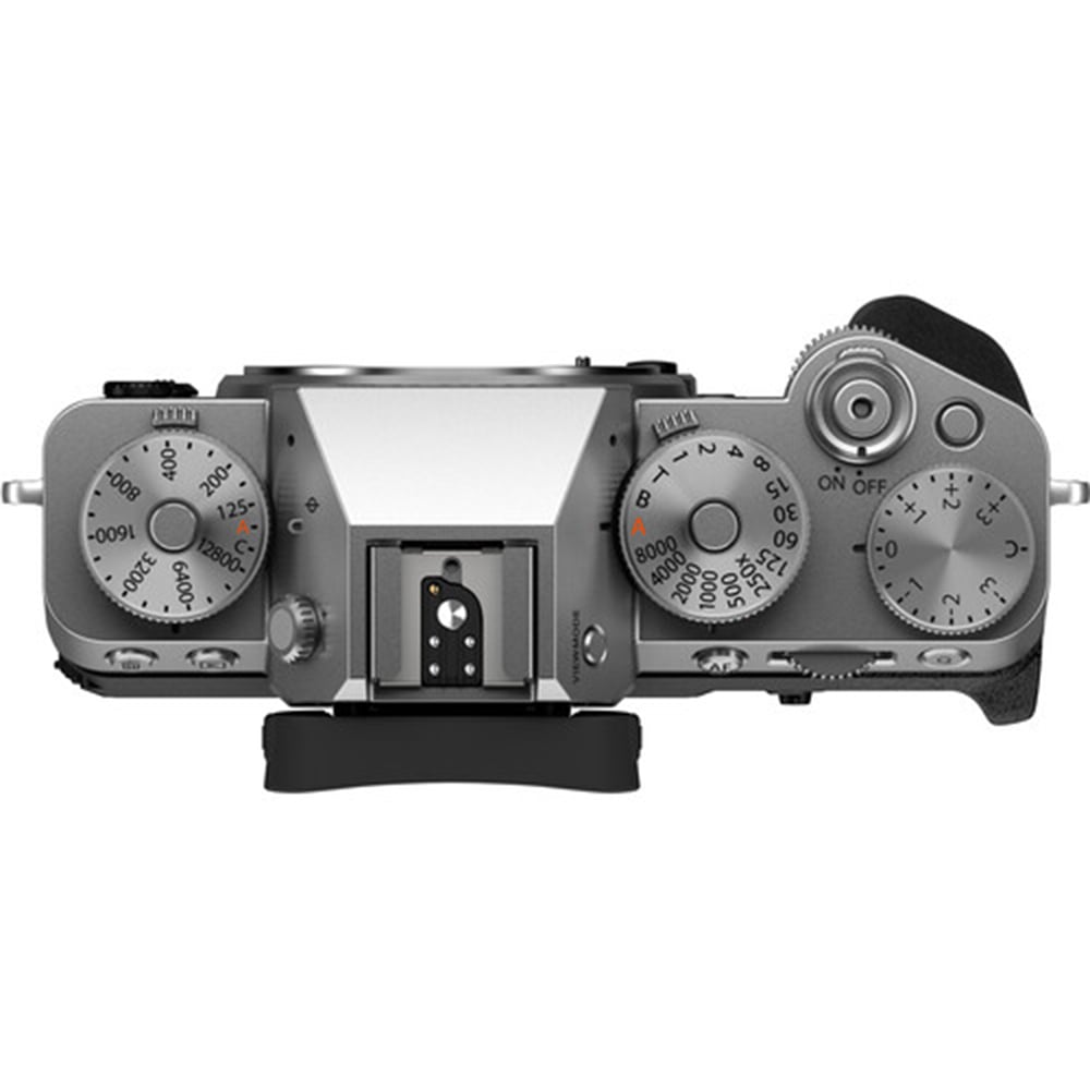 Fujifilm X-T5 silver mirrorless camera with 40.2MP APS-C X-Trans CMOS 5 HR sensor, 7-stop 5-axis in-body image stabilization, 3.69m-dot OLED viewfinder, 3-inch tilting touchscreen, and 6.2K 30p video recording