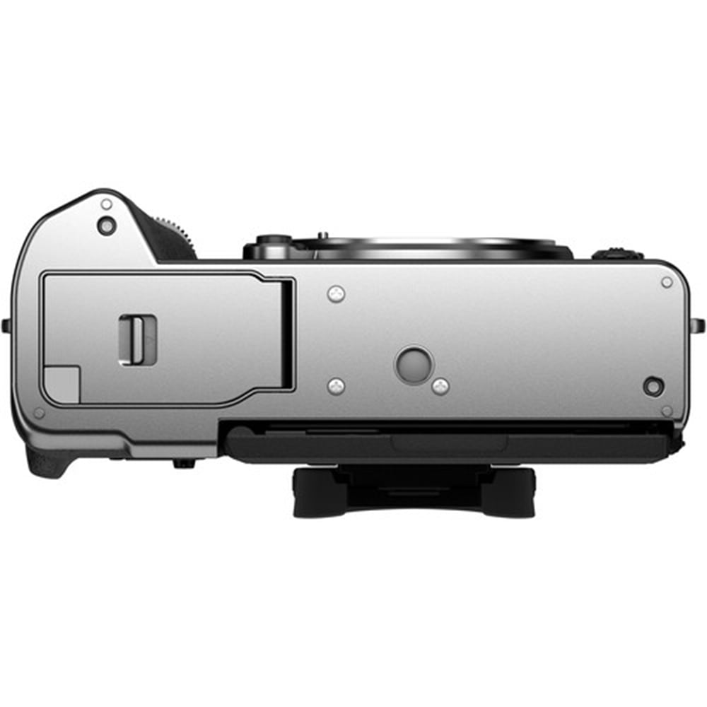 Fujifilm X-T5 silver mirrorless camera with 40.2MP APS-C X-Trans CMOS 5 HR sensor, 7-stop 5-axis in-body image stabilization, 3.69m-dot OLED viewfinder, 3-inch tilting touchscreen, and 6.2K 30p video recording
