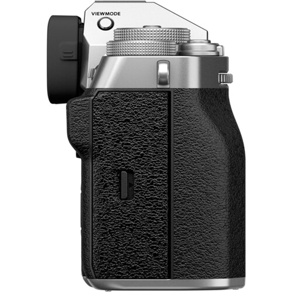 Fujifilm X-T5 silver mirrorless camera with 40.2MP APS-C X-Trans CMOS 5 HR sensor, 7-stop 5-axis in-body image stabilization, 3.69m-dot OLED viewfinder, 3-inch tilting touchscreen, and 6.2K 30p video recording