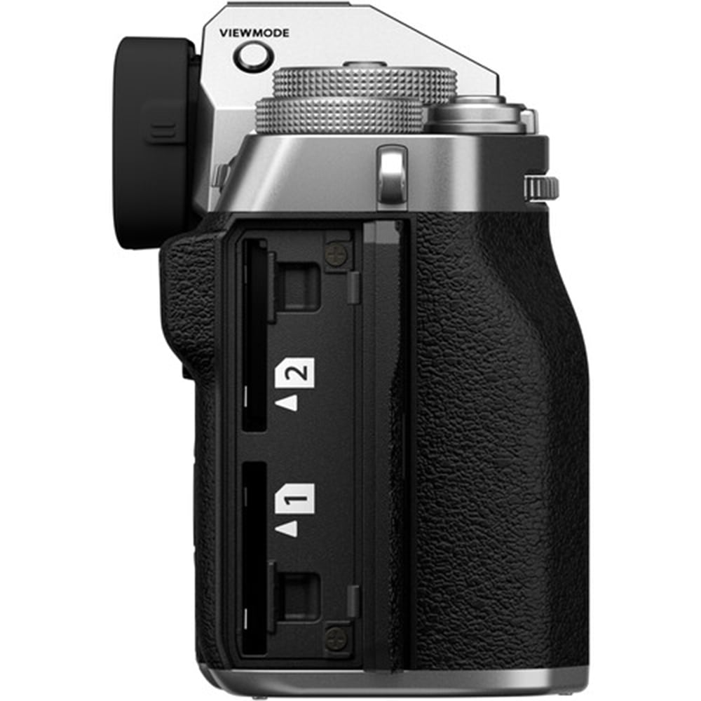 Fujifilm X-T5 silver mirrorless camera with 40.2MP APS-C X-Trans CMOS 5 HR sensor, 7-stop 5-axis in-body image stabilization, 3.69m-dot OLED viewfinder, 3-inch tilting touchscreen, and 6.2K 30p video recording