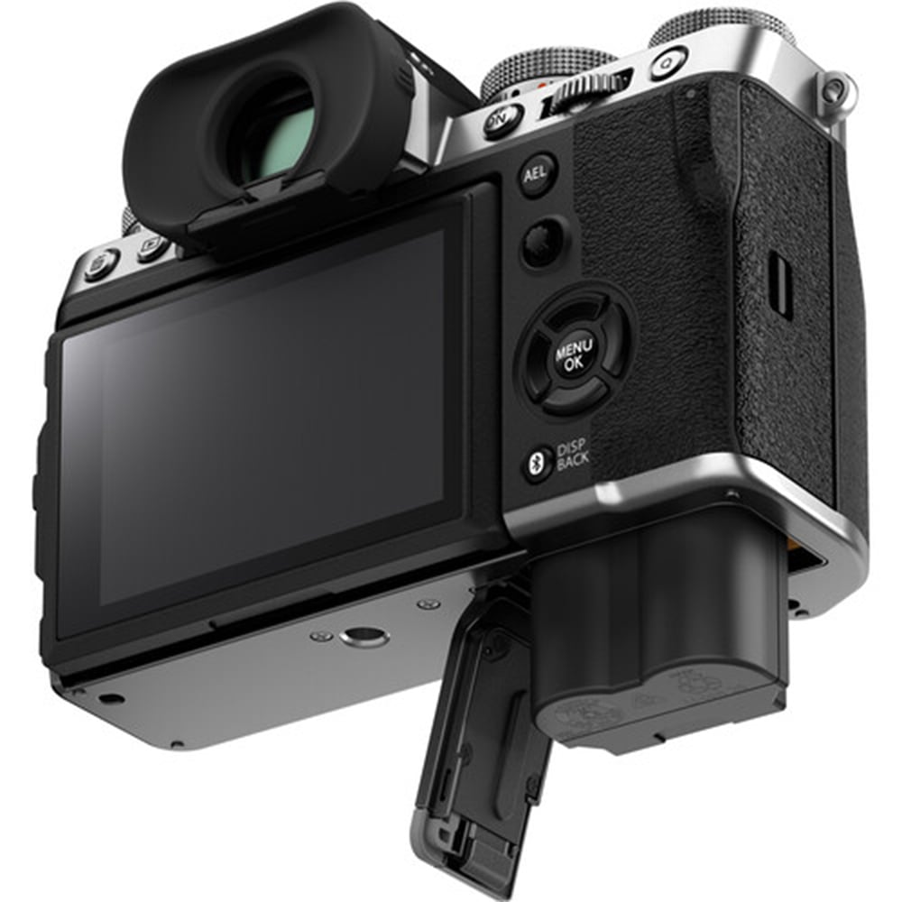 Fujifilm X-T5 silver mirrorless camera with 40.2MP APS-C X-Trans CMOS 5 HR sensor, 7-stop 5-axis in-body image stabilization, 3.69m-dot OLED viewfinder, 3-inch tilting touchscreen, and 6.2K 30p video recording