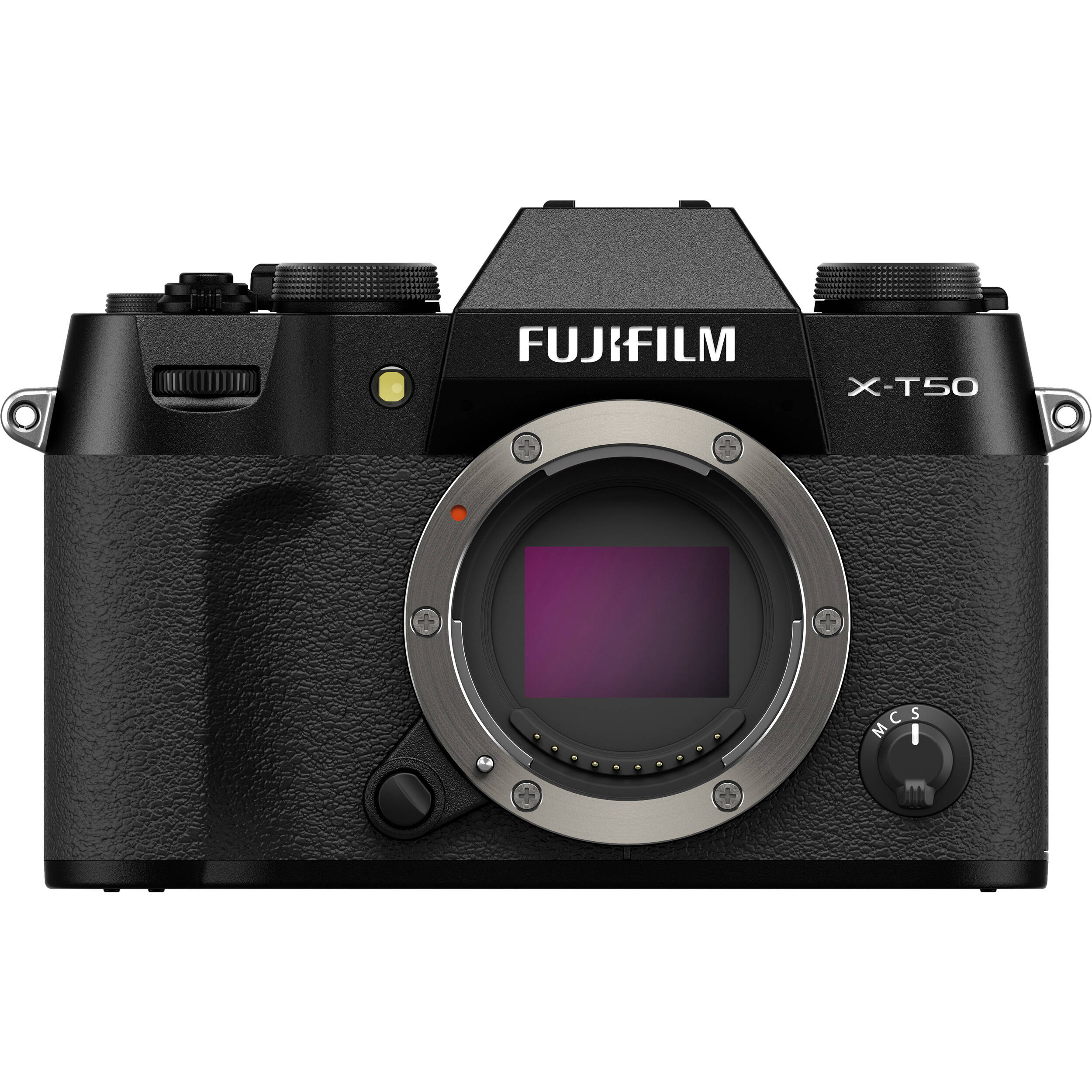 Fujifilm X-T50 black mirrorless camera with 40.2MP APS-C X-Trans CMOS 5 HR sensor, 7-stop in-body image stabilization, hybrid autofocus, 3-inch tilting touchscreen, 2.36M-dot OLED EVF, and 6K video recording
