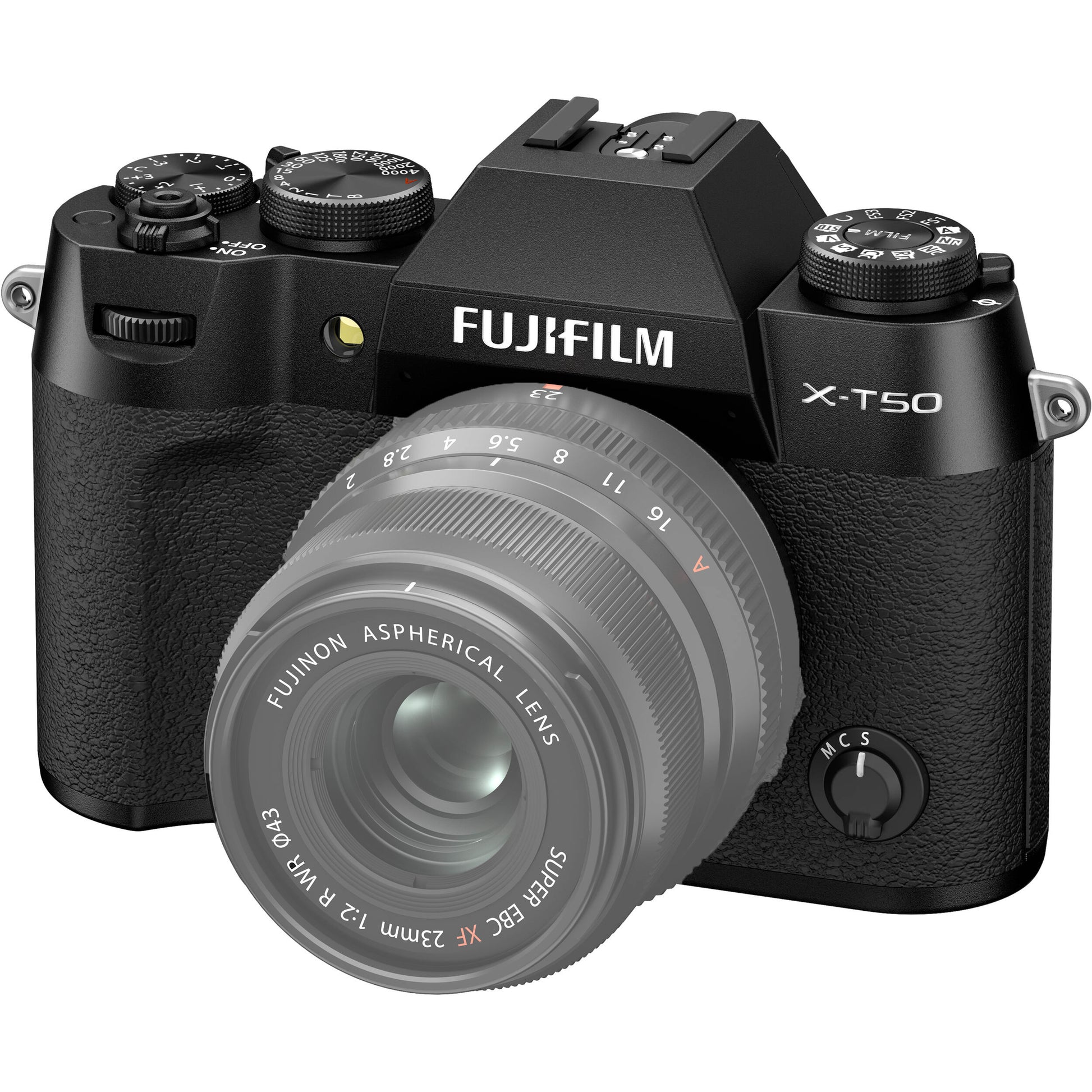 Fujifilm X-T50 black mirrorless camera with 40.2MP APS-C X-Trans CMOS 5 HR sensor, 7-stop in-body image stabilization, hybrid autofocus, 3-inch tilting touchscreen, 2.36M-dot OLED EVF, and 6K video recording