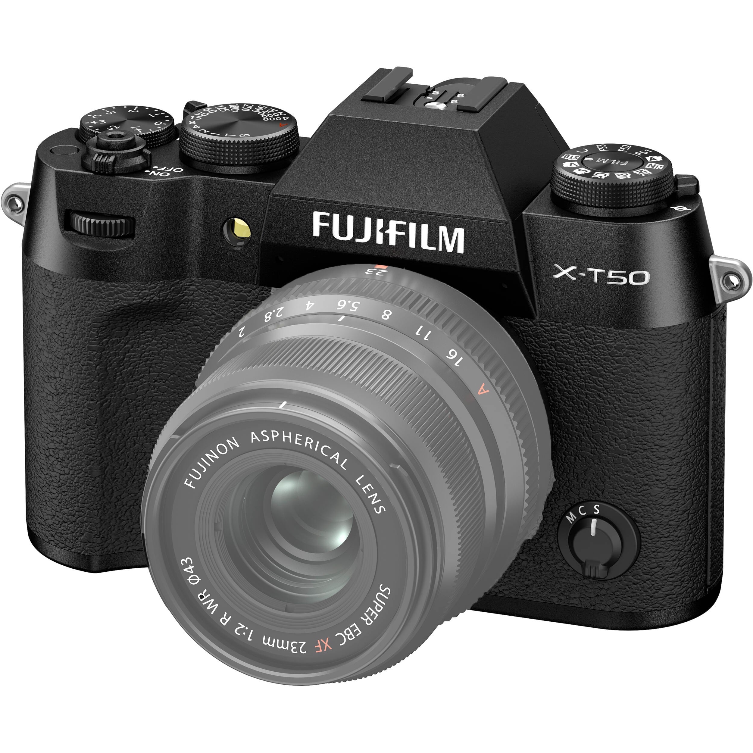 Fujifilm X-T50 black mirrorless camera with 40.2MP APS-C X-Trans CMOS 5 HR sensor, 7-stop in-body image stabilization, hybrid autofocus, 3-inch tilting touchscreen, 2.36M-dot OLED EVF, and 6K video recording