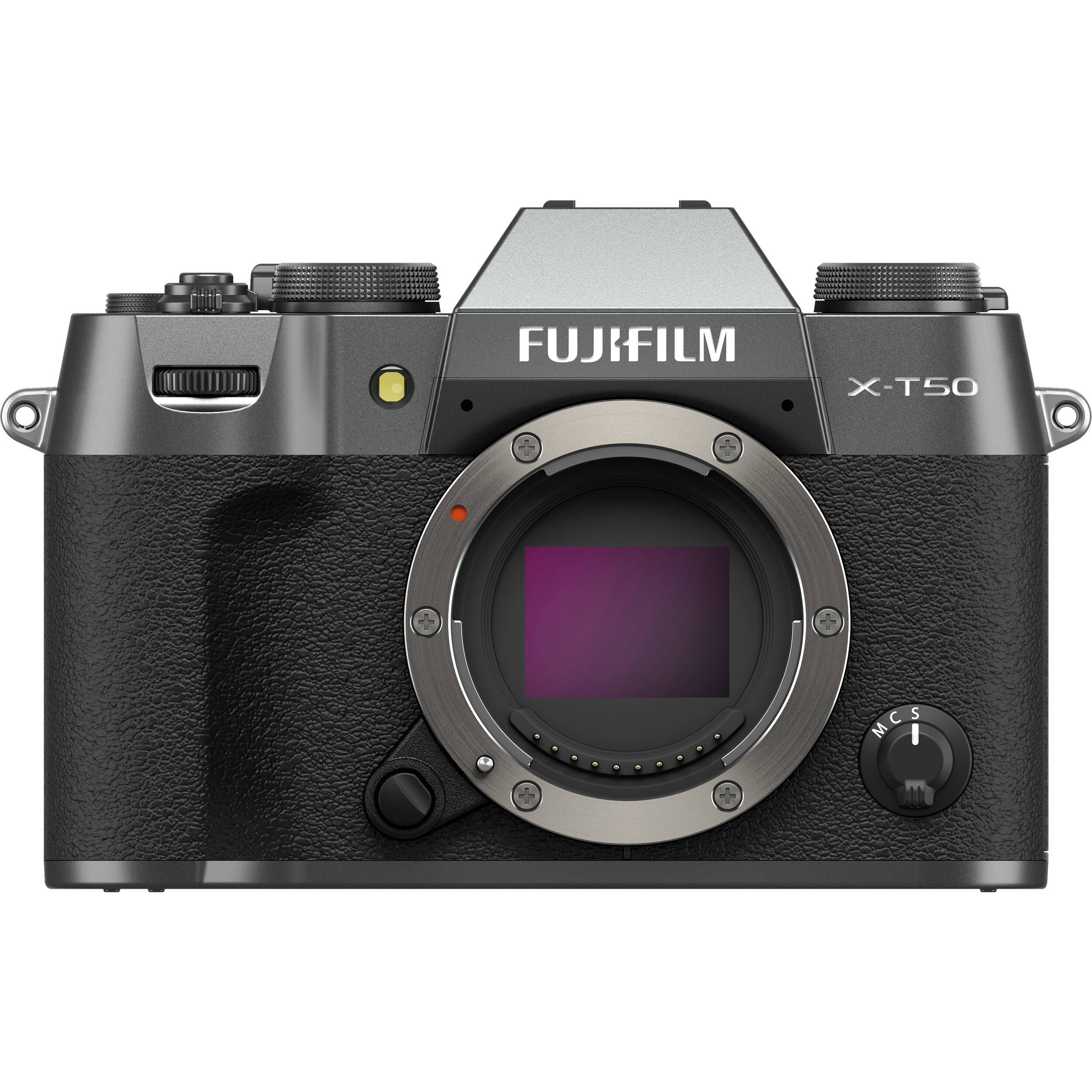 Fujifilm X-T50 charcoal grey mirrorless camera with 40.2MP APS-C X-Trans CMOS 5 HR sensor, 7-stop in-body image stabilization, hybrid autofocus, 3-inch tilting touchscreen, 2.36M-dot OLED EVF, and 6K video recording