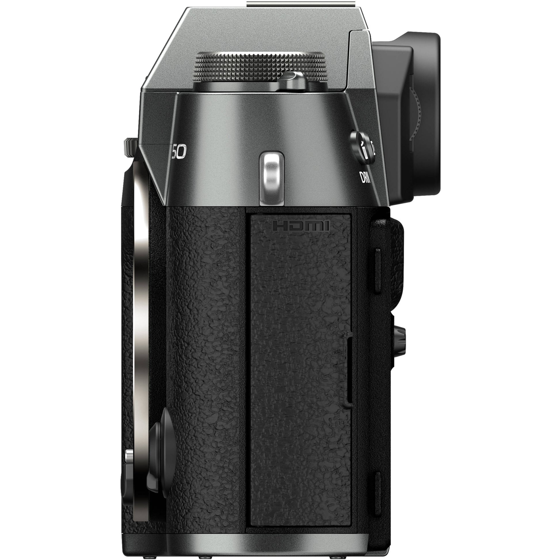 Fujifilm X-T50 charcoal grey mirrorless camera with 40.2MP APS-C X-Trans CMOS 5 HR sensor, 7-stop in-body image stabilization, hybrid autofocus, 3-inch tilting touchscreen, 2.36M-dot OLED EVF, and 6K video recording