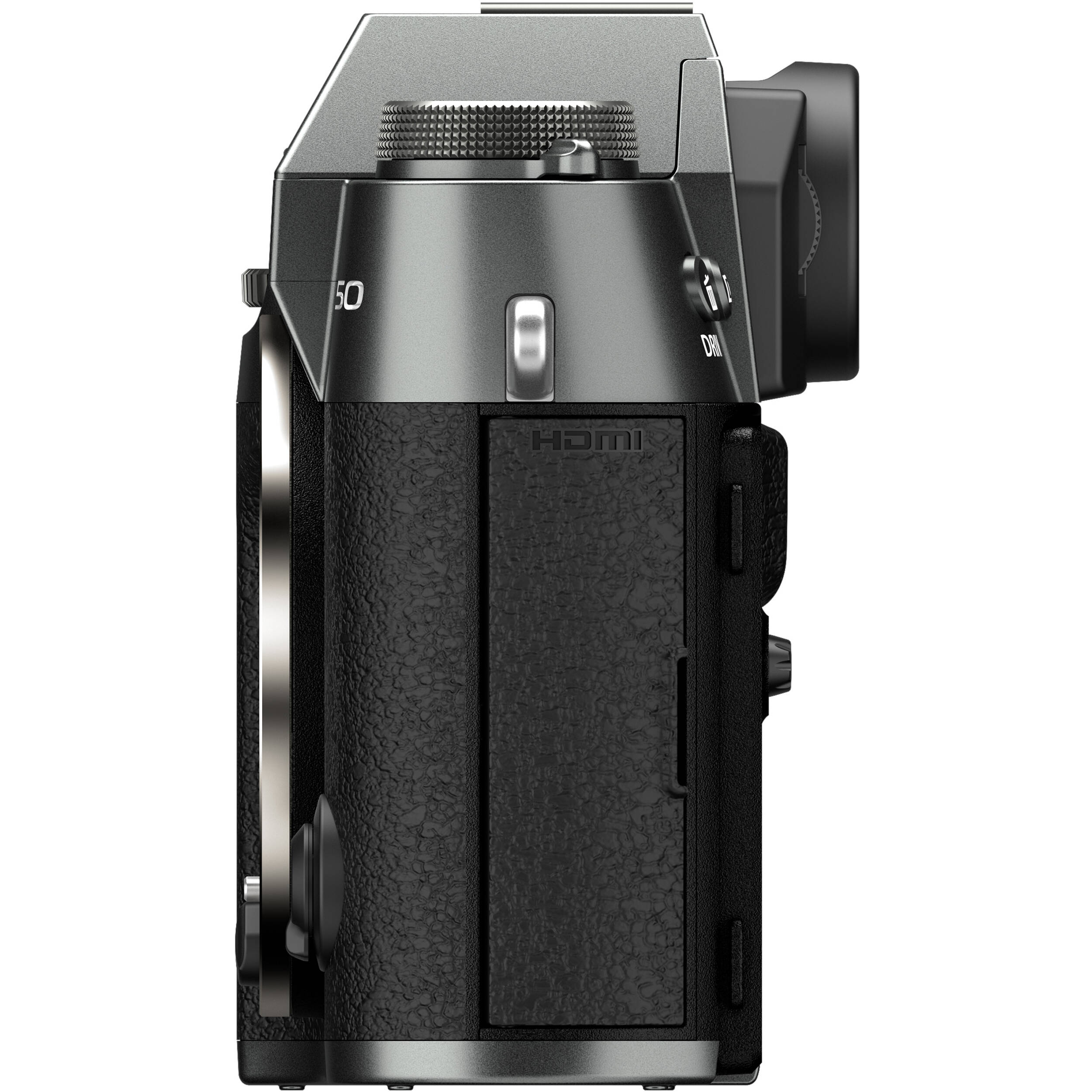 Fujifilm X-T50 charcoal grey mirrorless camera with 40.2MP APS-C X-Trans CMOS 5 HR sensor, 7-stop in-body image stabilization, hybrid autofocus, 3-inch tilting touchscreen, 2.36M-dot OLED EVF, and 6K video recording