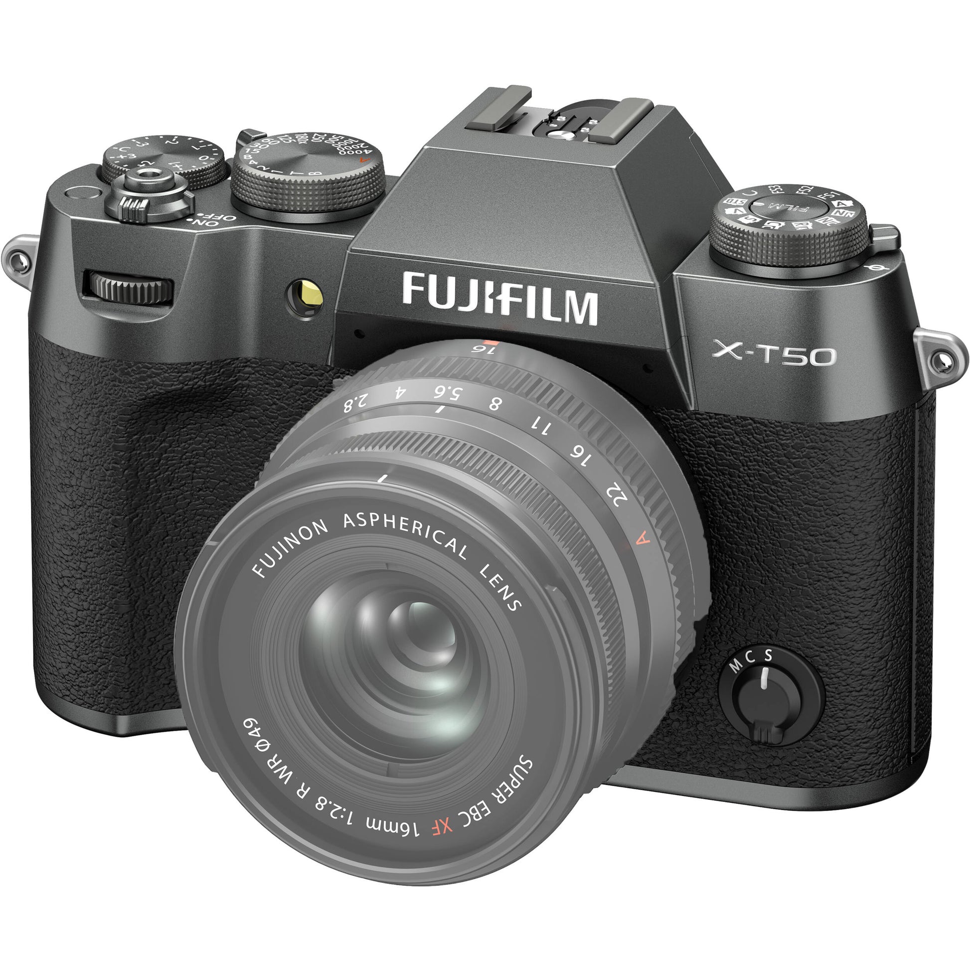 Fujifilm X-T50 charcoal grey mirrorless camera with 40.2MP APS-C X-Trans CMOS 5 HR sensor, 7-stop in-body image stabilization, hybrid autofocus, 3-inch tilting touchscreen, 2.36M-dot OLED EVF, and 6K video recording