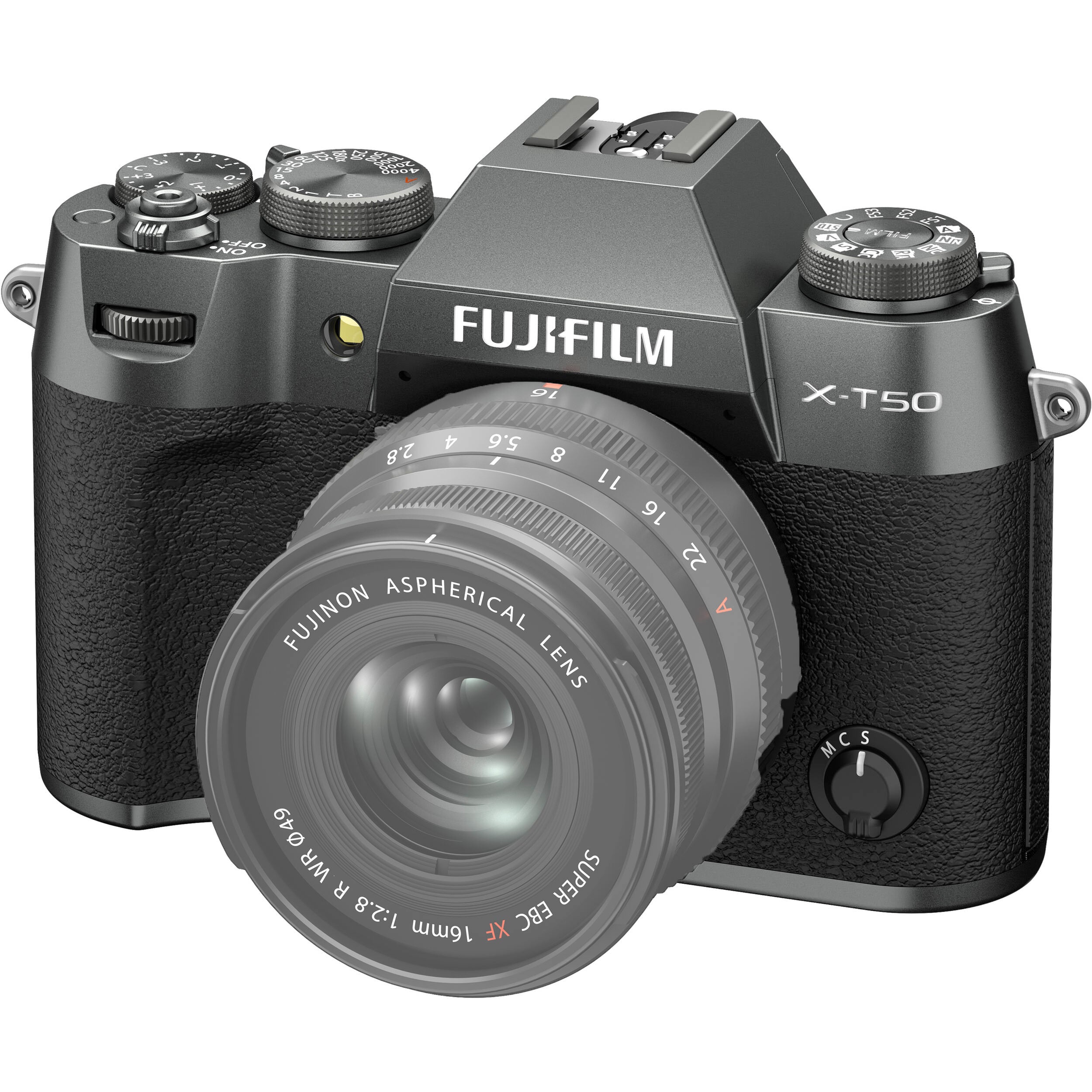 Fujifilm X-T50 charcoal grey mirrorless camera with 40.2MP APS-C X-Trans CMOS 5 HR sensor, 7-stop in-body image stabilization, hybrid autofocus, 3-inch tilting touchscreen, 2.36M-dot OLED EVF, and 6K video recording
