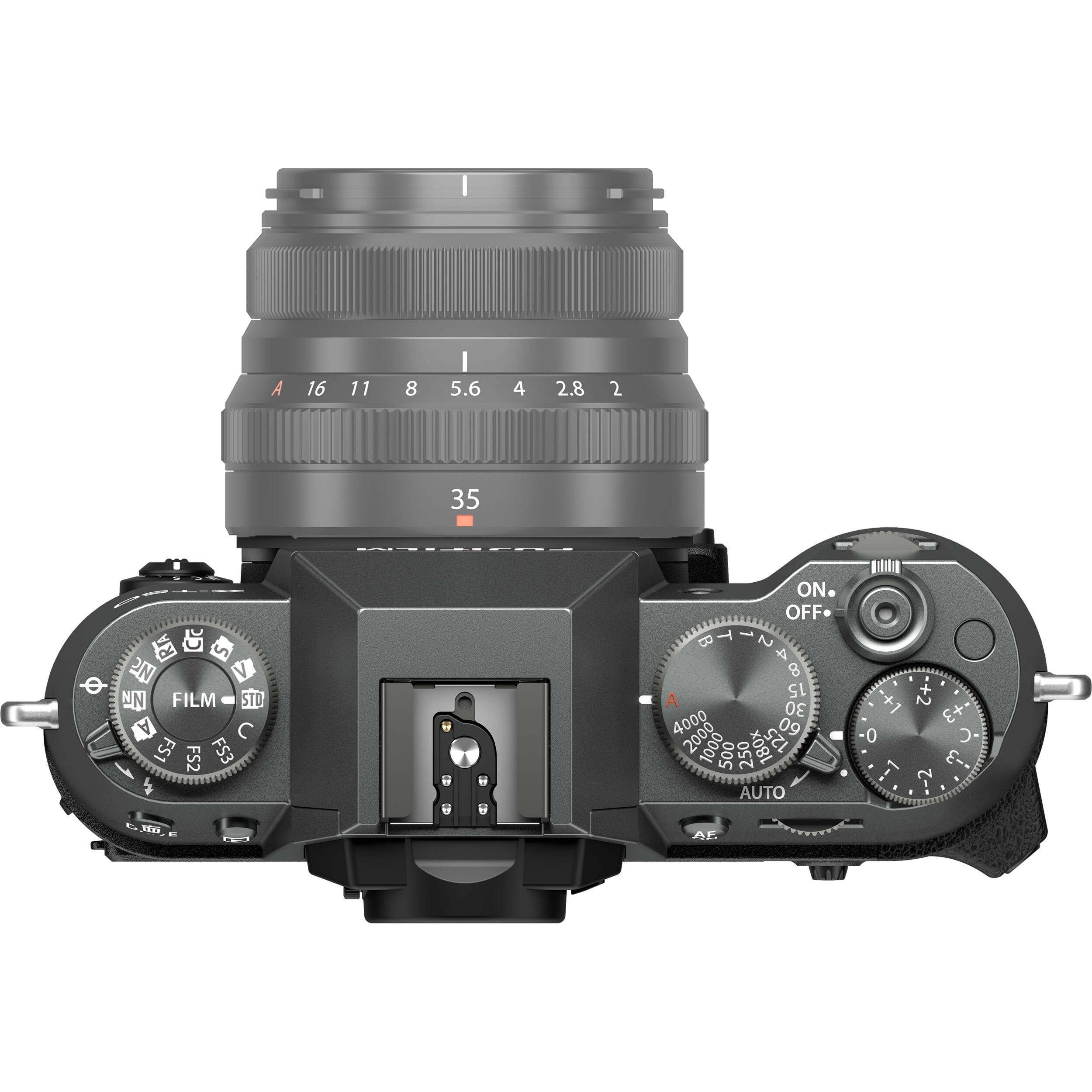 Fujifilm X-T50 charcoal grey mirrorless camera with 40.2MP APS-C X-Trans CMOS 5 HR sensor, 7-stop in-body image stabilization, hybrid autofocus, 3-inch tilting touchscreen, 2.36M-dot OLED EVF, and 6K video recording
