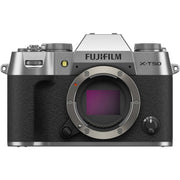 Fujifilm X-T50 silver mirrorless camera with 40.2MP APS-C X-Trans CMOS 5 HR sensor, 7-stop in-body image stabilization, hybrid autofocus, 3-inch tilting touchscreen, 2.36M-dot OLED EVF, and 6K video recording
