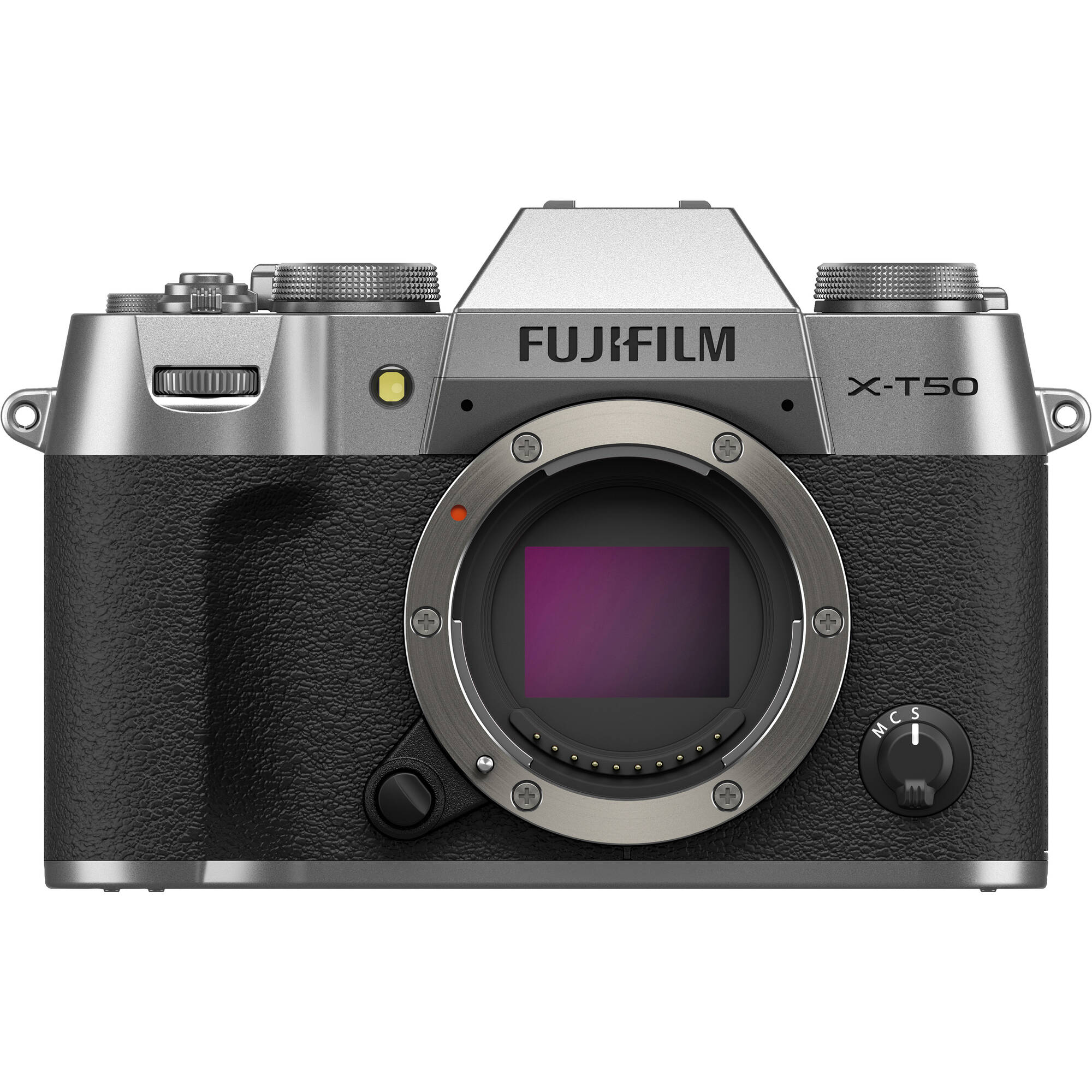 Fujifilm X-T50 silver mirrorless camera with 40.2MP APS-C X-Trans CMOS 5 HR sensor, 7-stop in-body image stabilization, hybrid autofocus, 3-inch tilting touchscreen, 2.36M-dot OLED EVF, and 6K video recording