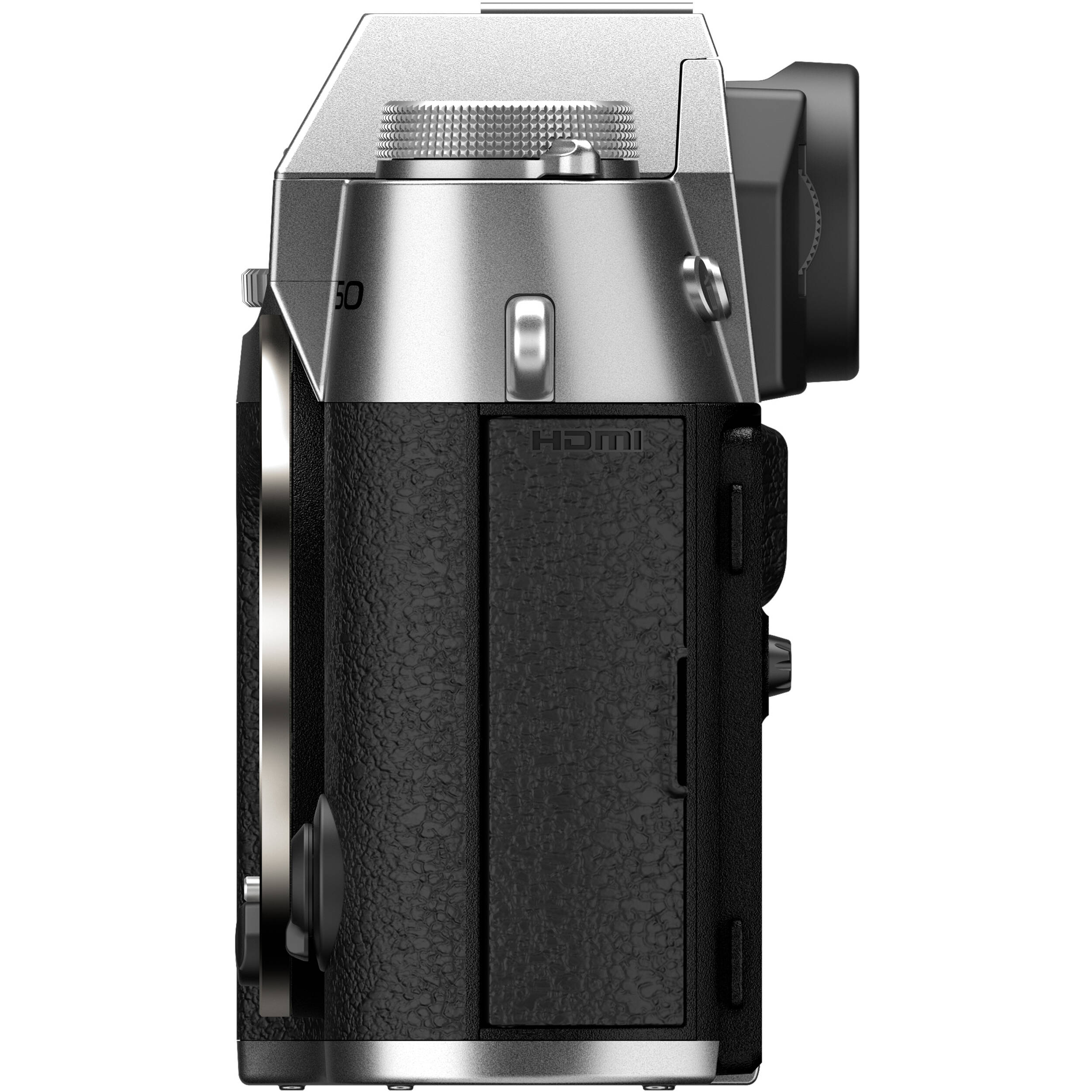 Fujifilm X-T50 silver mirrorless camera with 40.2MP APS-C X-Trans CMOS 5 HR sensor, 7-stop in-body image stabilization, hybrid autofocus, 3-inch tilting touchscreen, 2.36M-dot OLED EVF, and 6K video recording