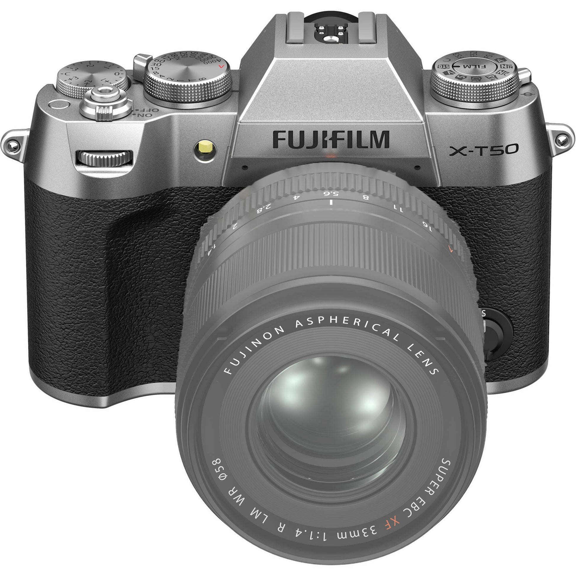 Fujifilm X-T50 silver mirrorless camera with 40.2MP APS-C X-Trans CMOS 5 HR sensor, 7-stop in-body image stabilization, hybrid autofocus, 3-inch tilting touchscreen, 2.36M-dot OLED EVF, and 6K video recording