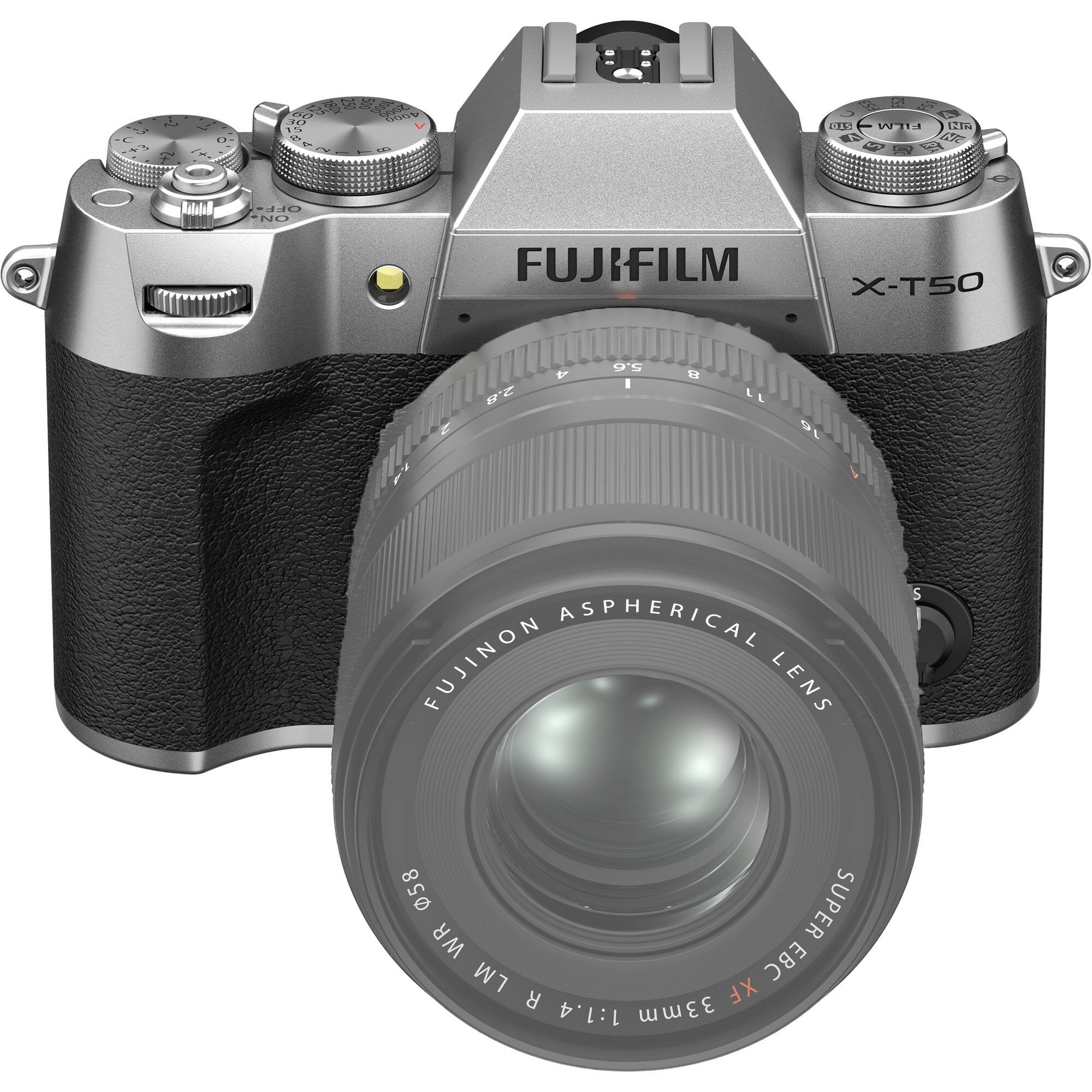 Fujifilm X-T50 silver mirrorless camera with 40.2MP APS-C X-Trans CMOS 5 HR sensor, 7-stop in-body image stabilization, hybrid autofocus, 3-inch tilting touchscreen, 2.36M-dot OLED EVF, and 6K video recording