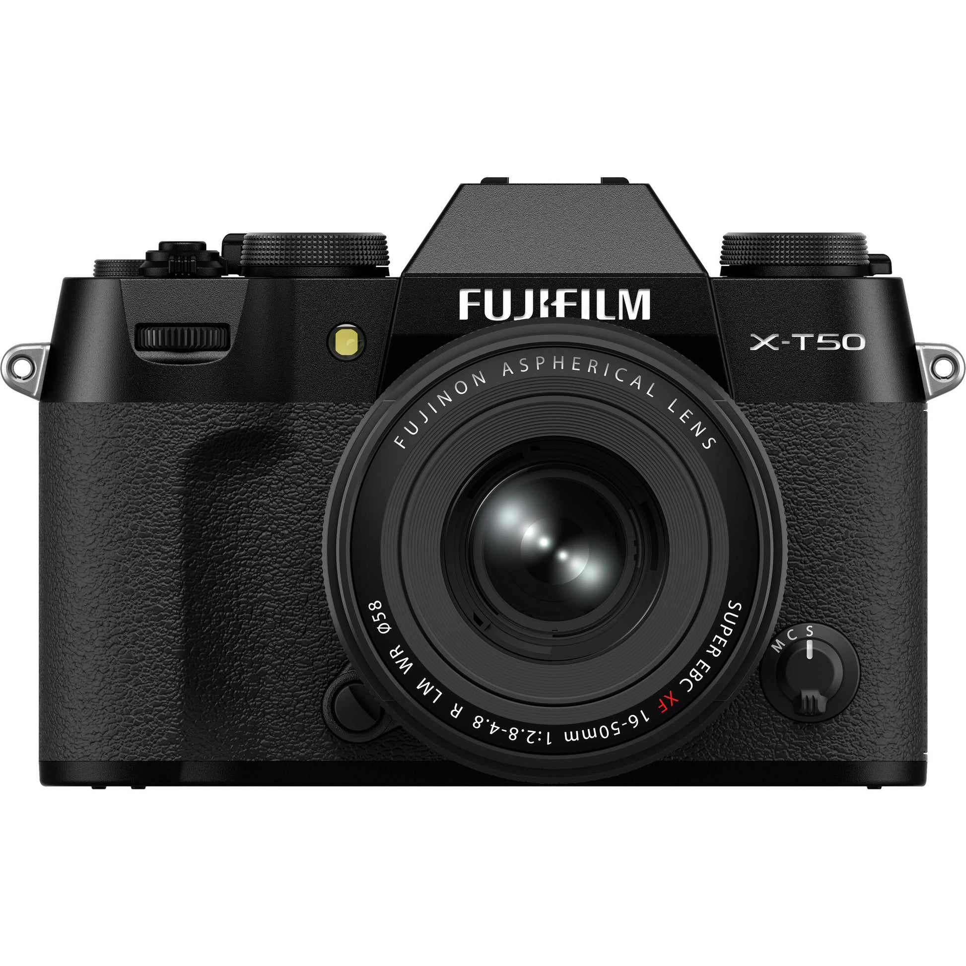 Fujifilm X-T50 black mirrorless camera with 40.2MP APS-C X-Trans CMOS 5 HR sensor, 16-50mm lens, 7-stop in-body stabilization, 4K video, and tilting touchscreen.