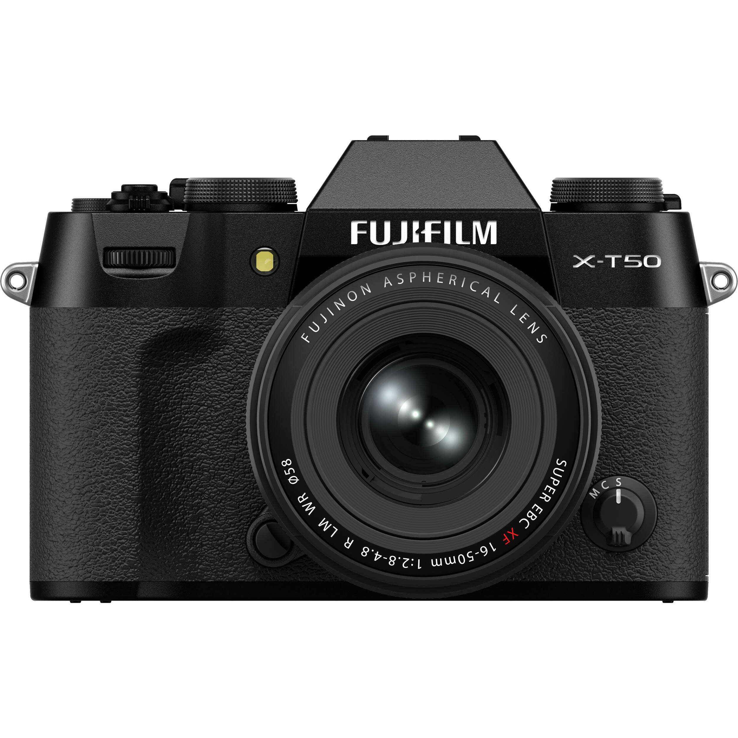 Fujifilm X-T50 black mirrorless camera with 40.2MP APS-C X-Trans CMOS 5 HR sensor, 16-50mm lens, 7-stop in-body stabilization, 4K video, and tilting touchscreen.