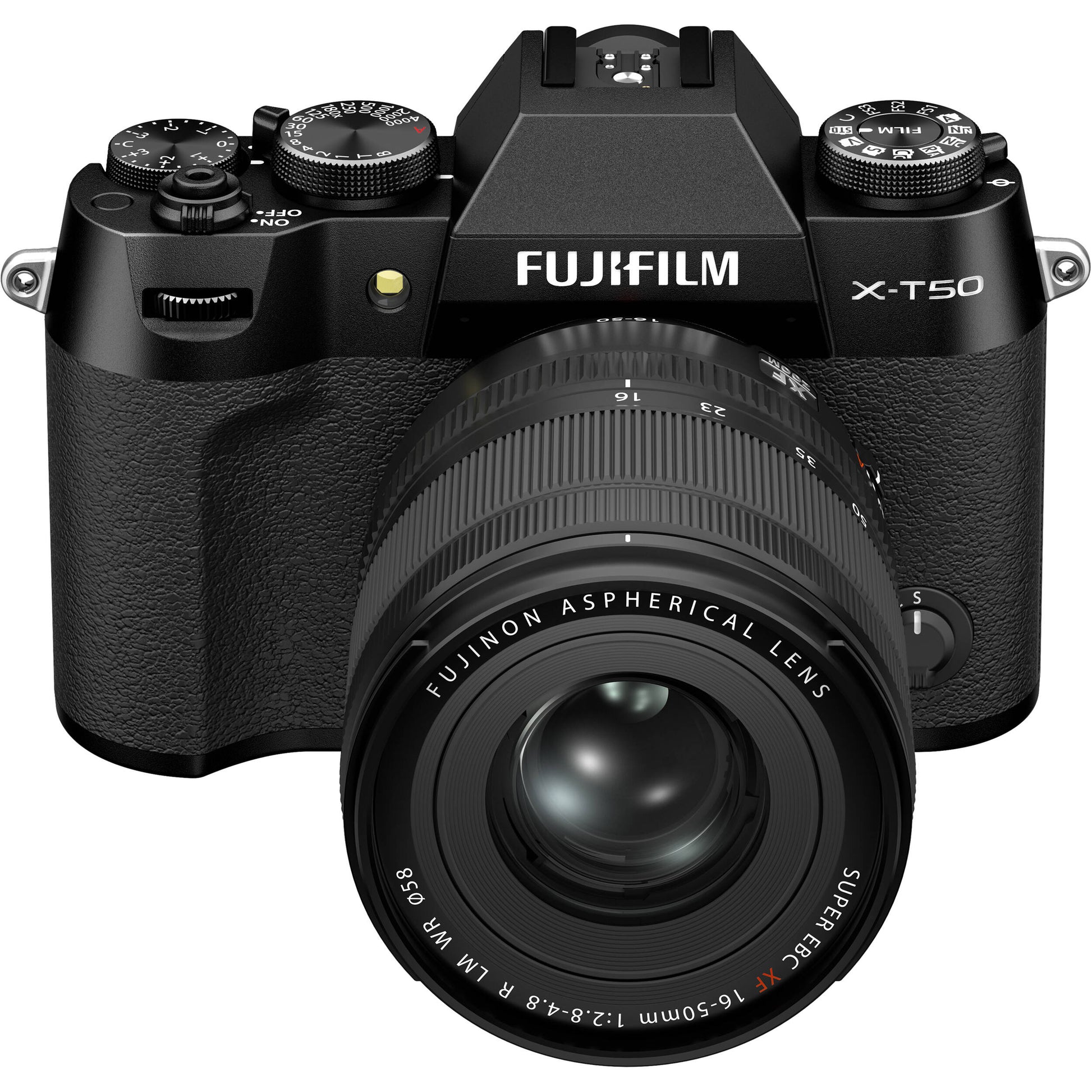 Fujifilm X-T50 black mirrorless camera with 40.2MP APS-C X-Trans CMOS 5 HR sensor, 16-50mm lens, 7-stop in-body stabilization, 4K video, and tilting touchscreen.