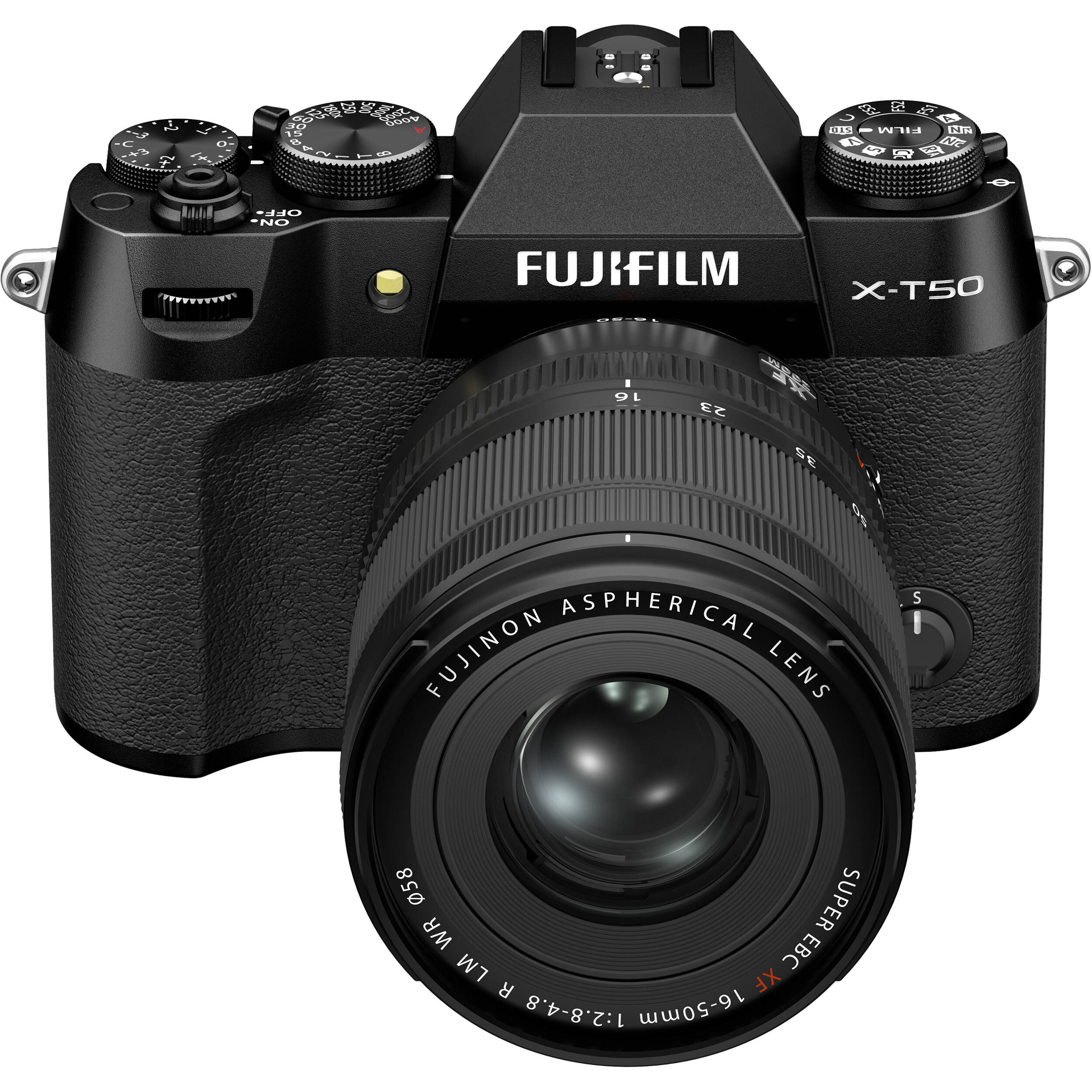 Fujifilm X-T50 black mirrorless camera with 40.2MP APS-C X-Trans CMOS 5 HR sensor, 16-50mm lens, 7-stop in-body stabilization, 4K video, and tilting touchscreen.
