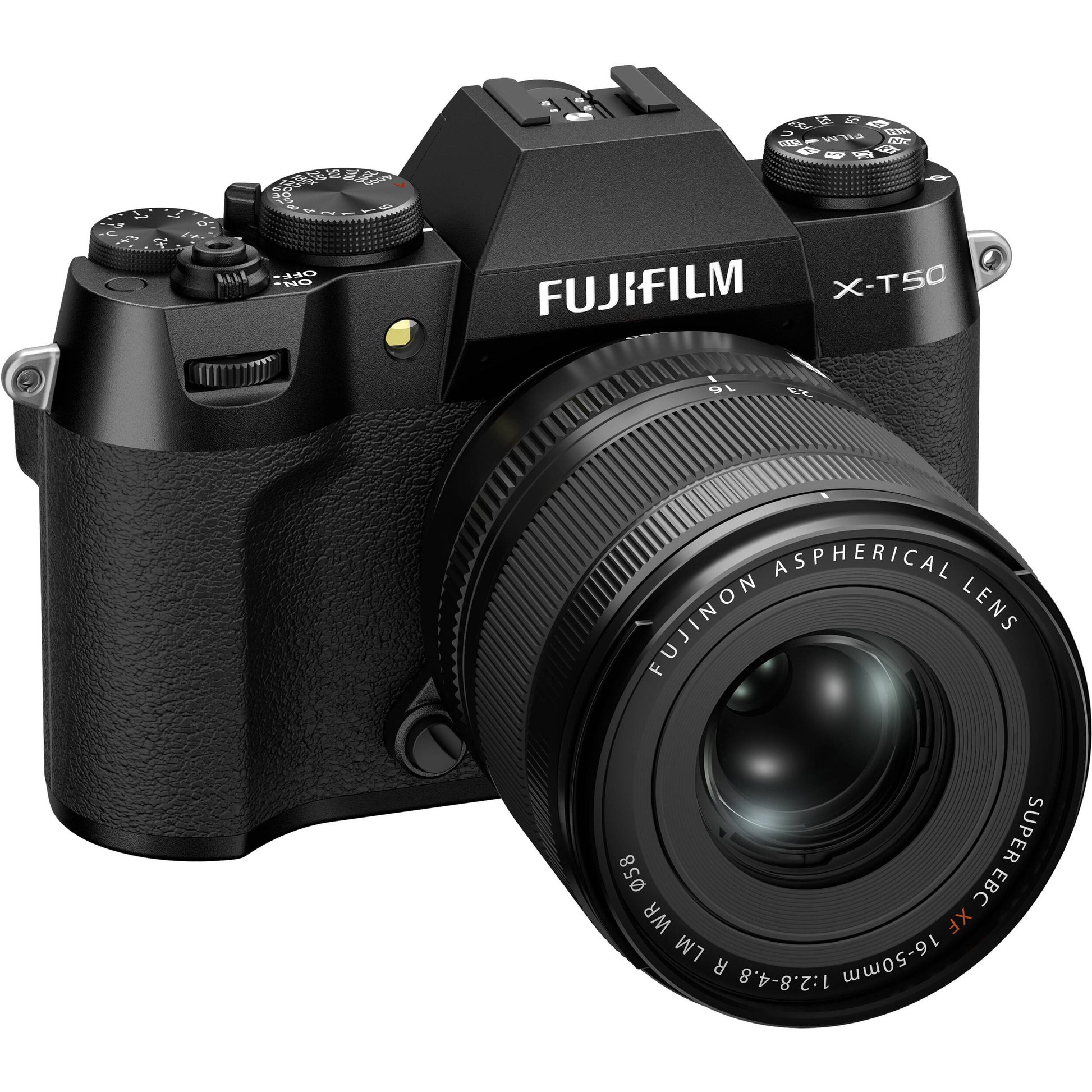 Fujifilm X-T50 black mirrorless camera with 40.2MP APS-C X-Trans CMOS 5 HR sensor, 16-50mm lens, 7-stop in-body stabilization, 4K video, and tilting touchscreen.