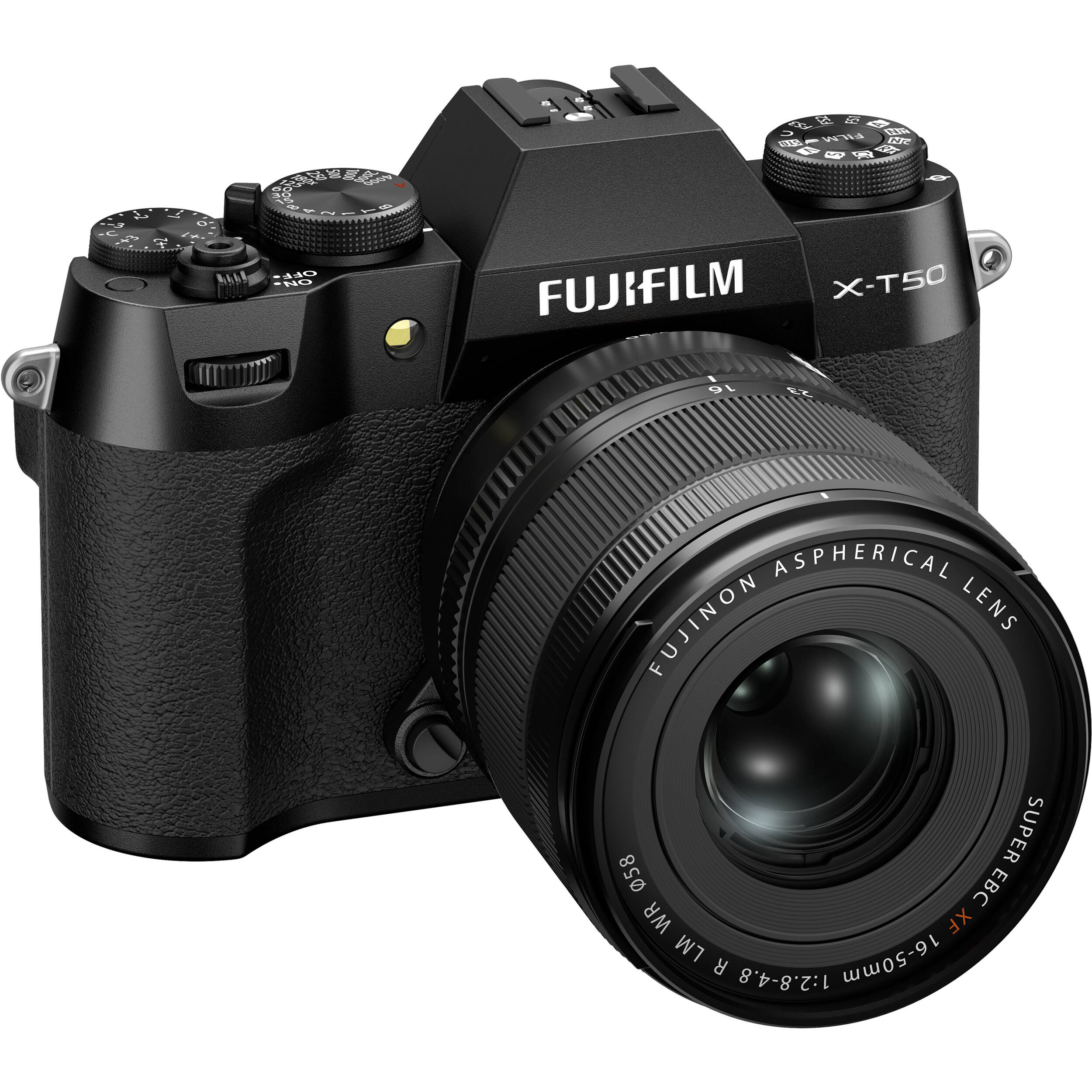 Fujifilm X-T50 black mirrorless camera with 40.2MP APS-C X-Trans CMOS 5 HR sensor, 16-50mm lens, 7-stop in-body stabilization, 4K video, and tilting touchscreen.