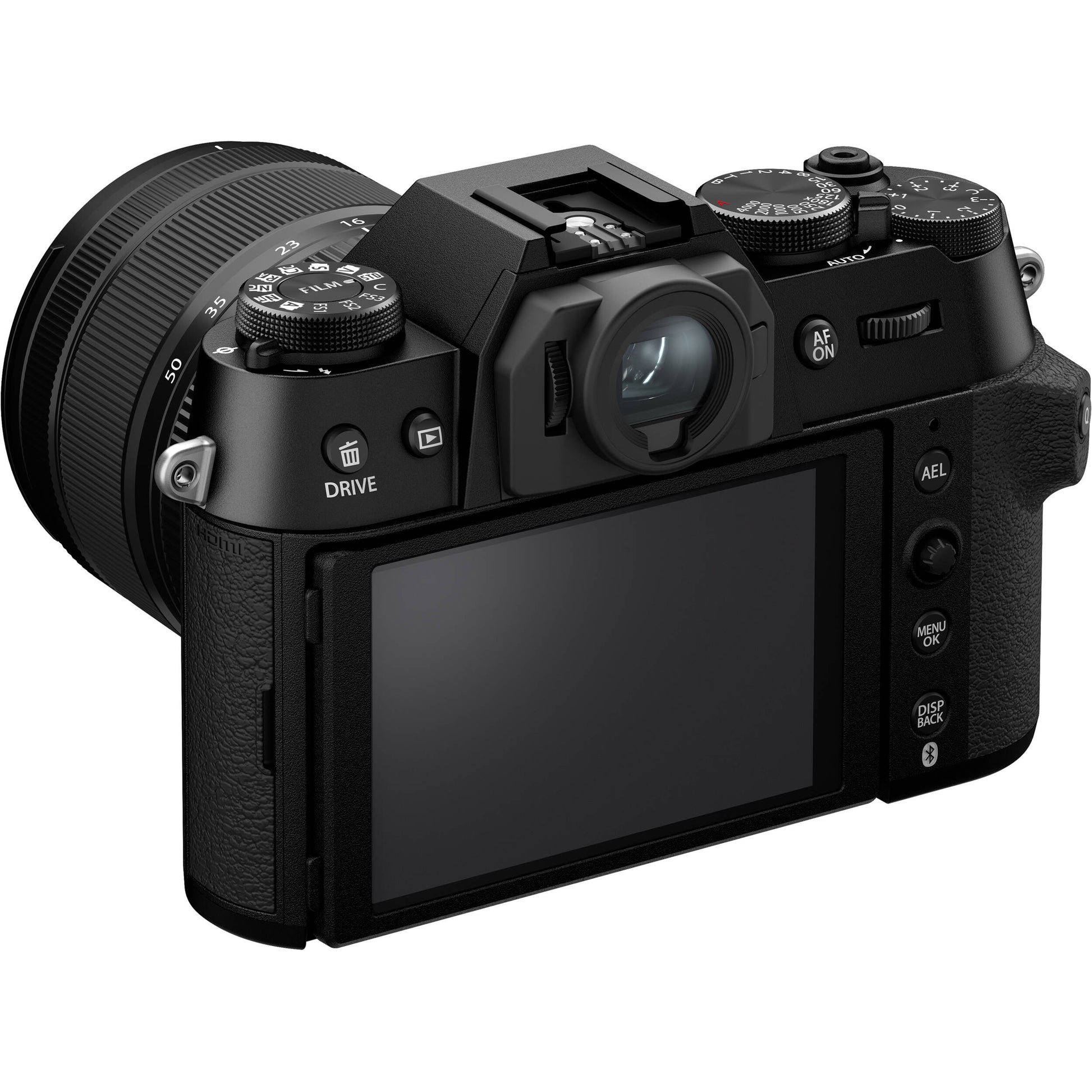 Fujifilm X-T50 black mirrorless camera with 40.2MP APS-C X-Trans CMOS 5 HR sensor, 16-50mm lens, 7-stop in-body stabilization, 4K video, and tilting touchscreen.