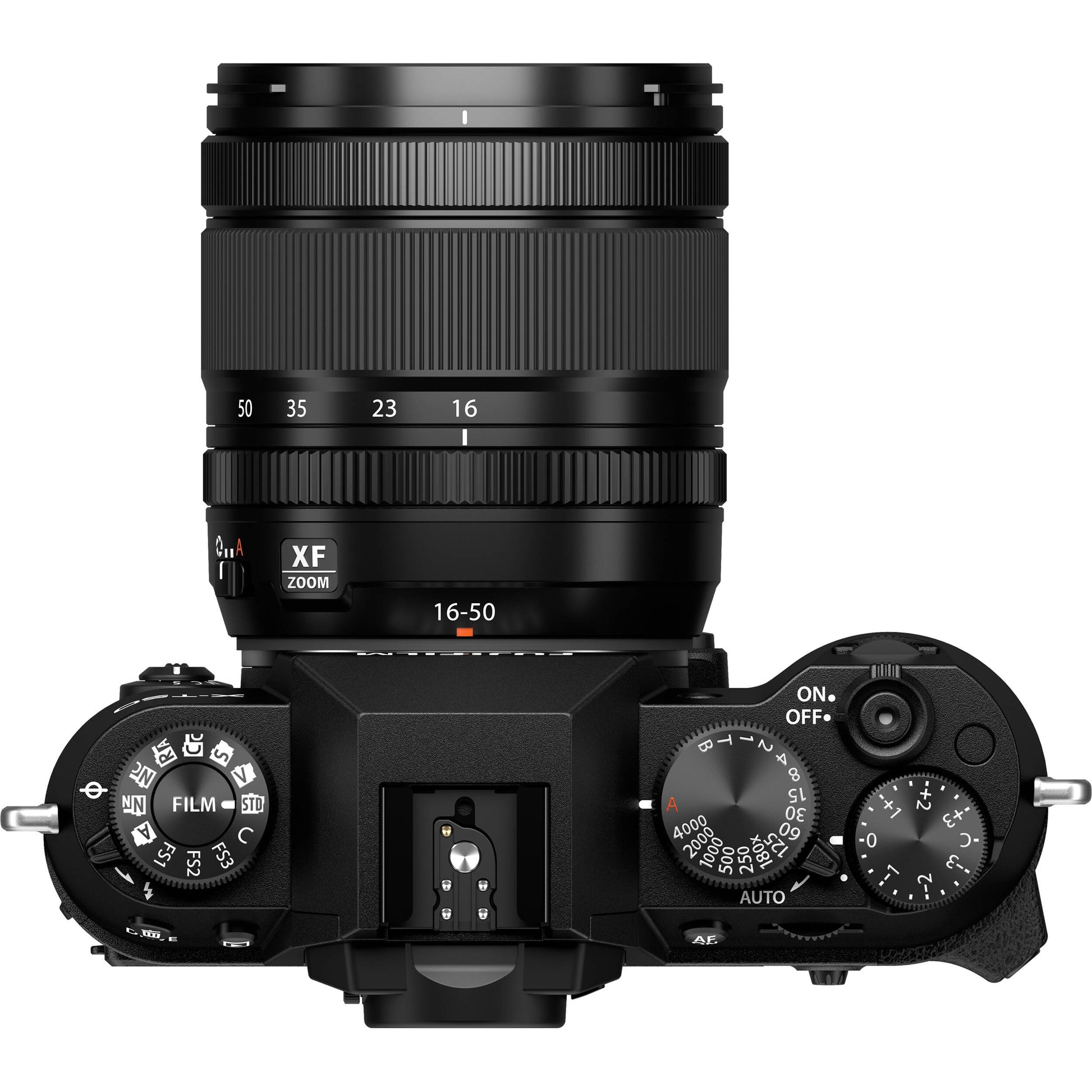 Fujifilm X-T50 black mirrorless camera with 40.2MP APS-C X-Trans CMOS 5 HR sensor, 16-50mm lens, 7-stop in-body stabilization, 4K video, and tilting touchscreen.