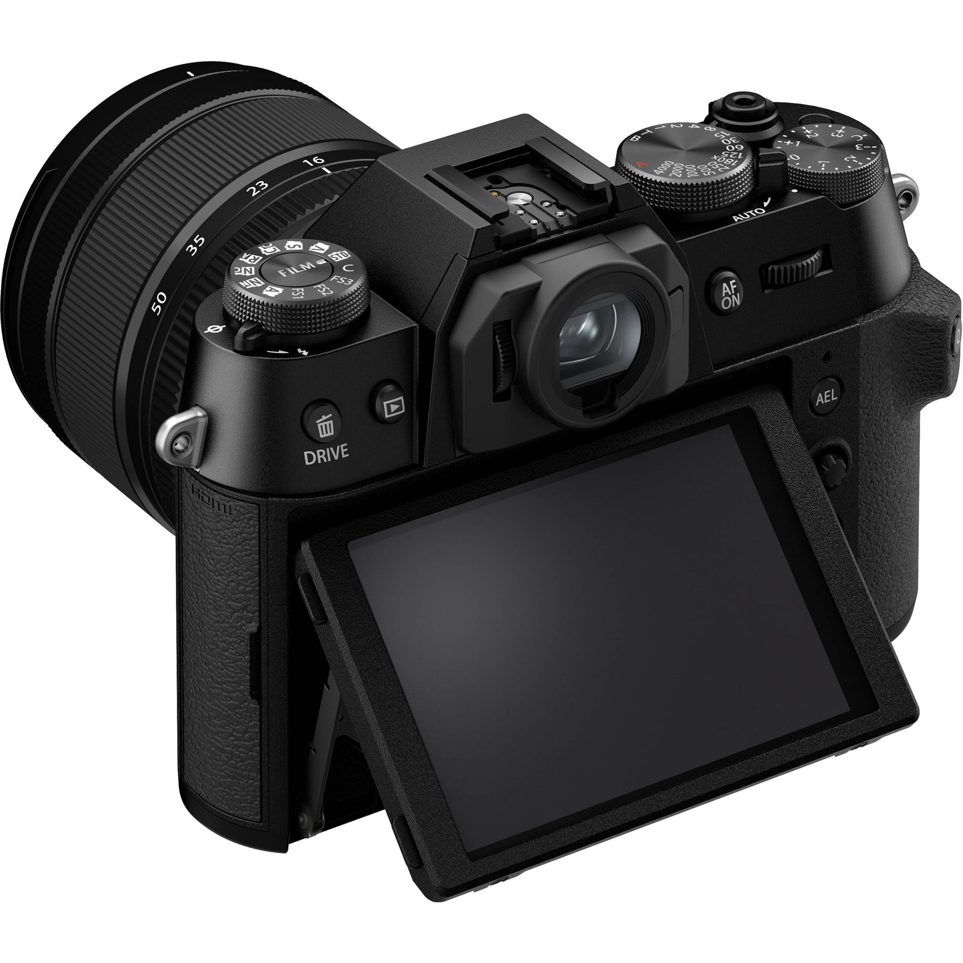 Fujifilm X-T50 black mirrorless camera with 40.2MP APS-C X-Trans CMOS 5 HR sensor, 16-50mm lens, 7-stop in-body stabilization, 4K video, and tilting touchscreen.