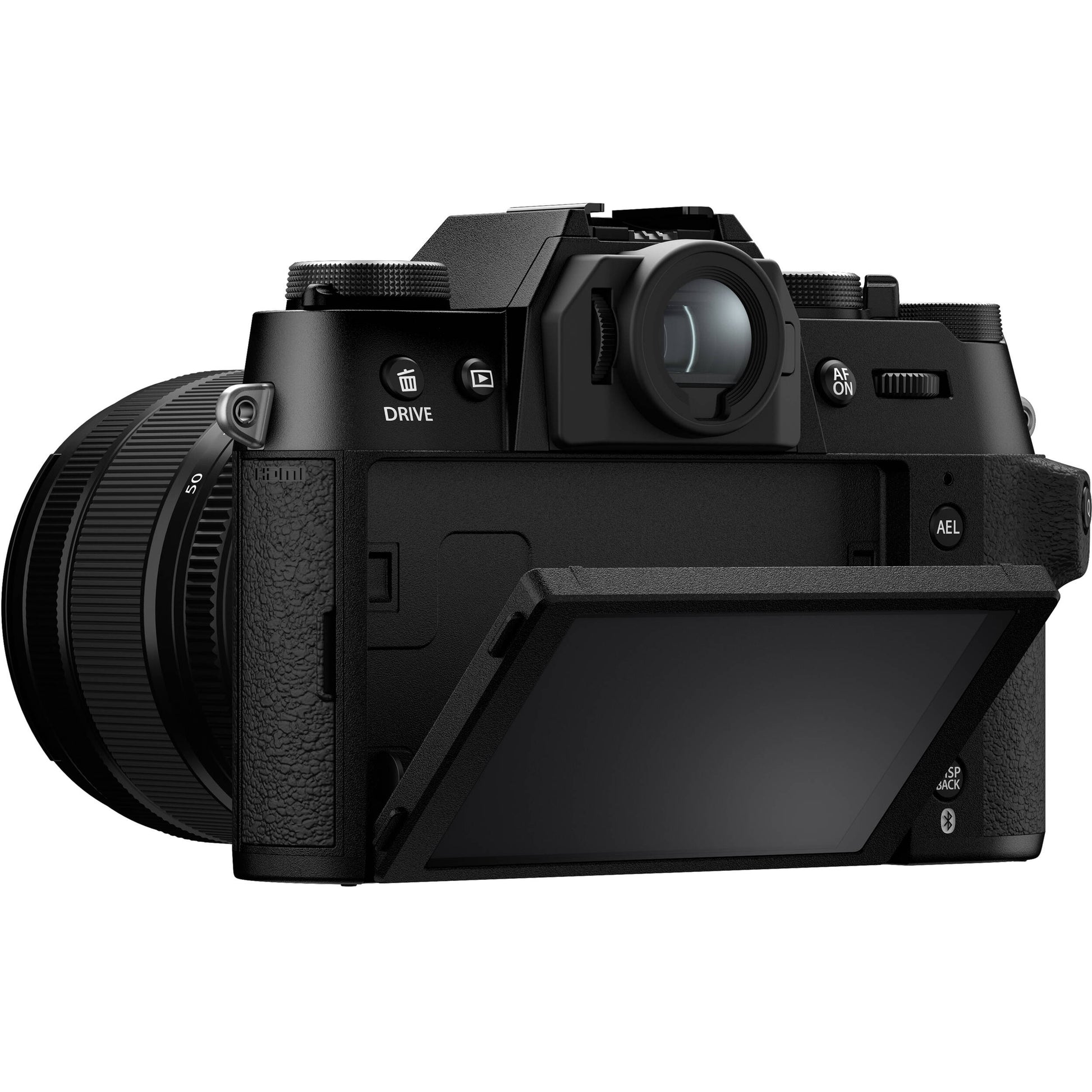 Fujifilm X-T50 black mirrorless camera with 40.2MP APS-C X-Trans CMOS 5 HR sensor, 16-50mm lens, 7-stop in-body stabilization, 4K video, and tilting touchscreen.