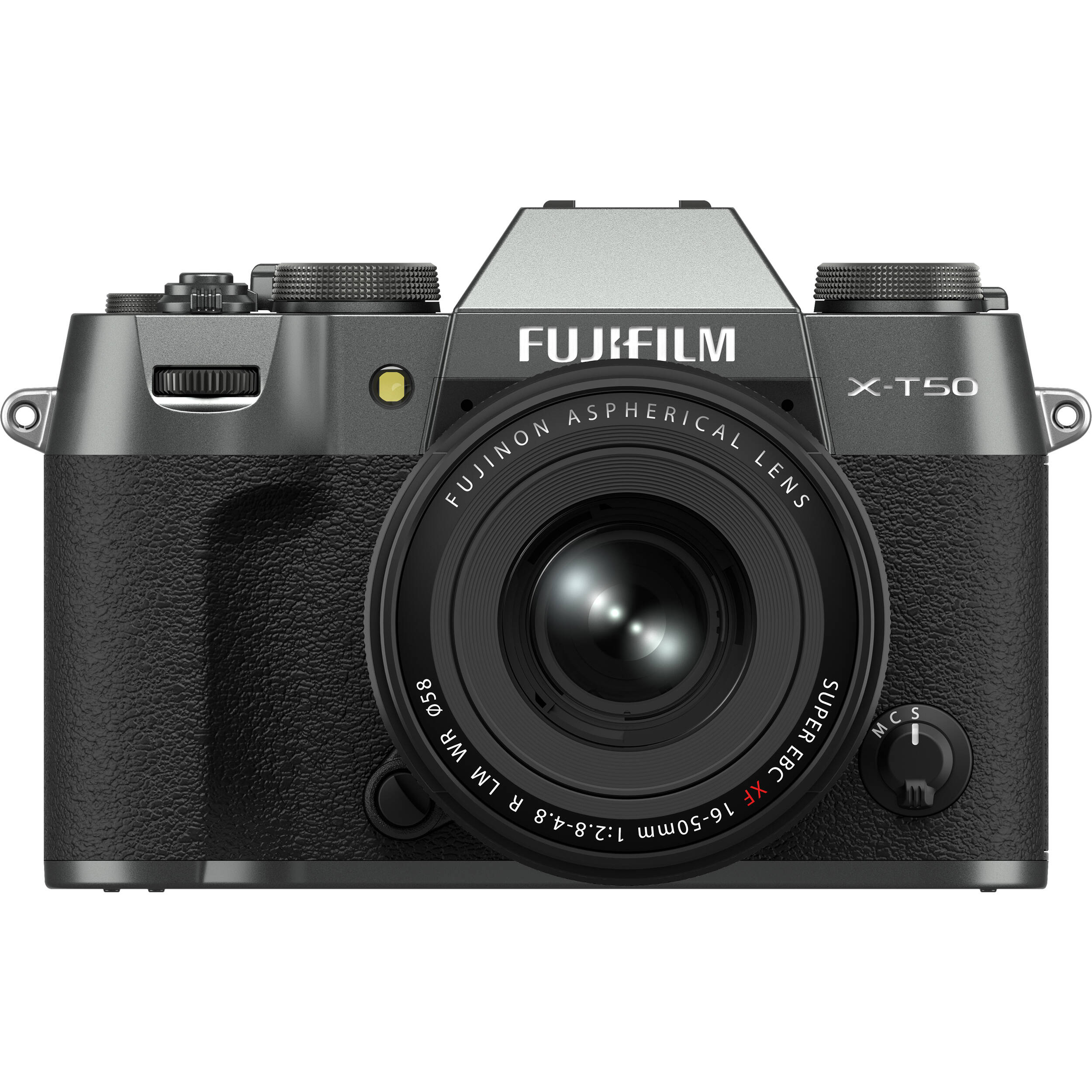 Fujifilm X-T50 mirrorless camera in charcoal grey with 40.2MP APS-C X-Trans CMOS 5 HR sensor, 16-50mm lens, 7-stop in-body image stabilization, 6.2K video recording, AI-assisted autofocus, and 3-inch tilting touchscreen.
