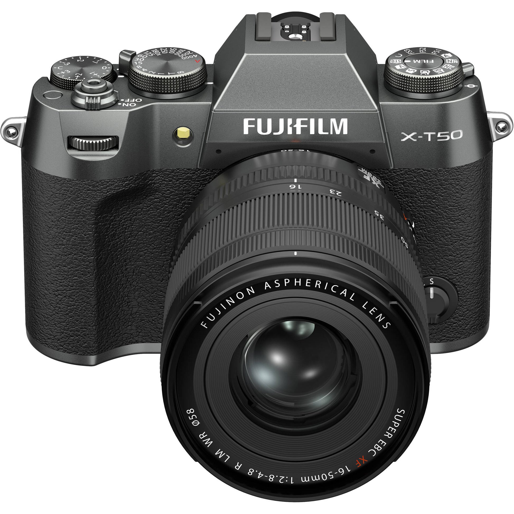 Fujifilm X-T50 mirrorless camera in charcoal grey with 40.2MP APS-C X-Trans CMOS 5 HR sensor, 16-50mm lens, 7-stop in-body image stabilization, 6.2K video recording, AI-assisted autofocus, and 3-inch tilting touchscreen.