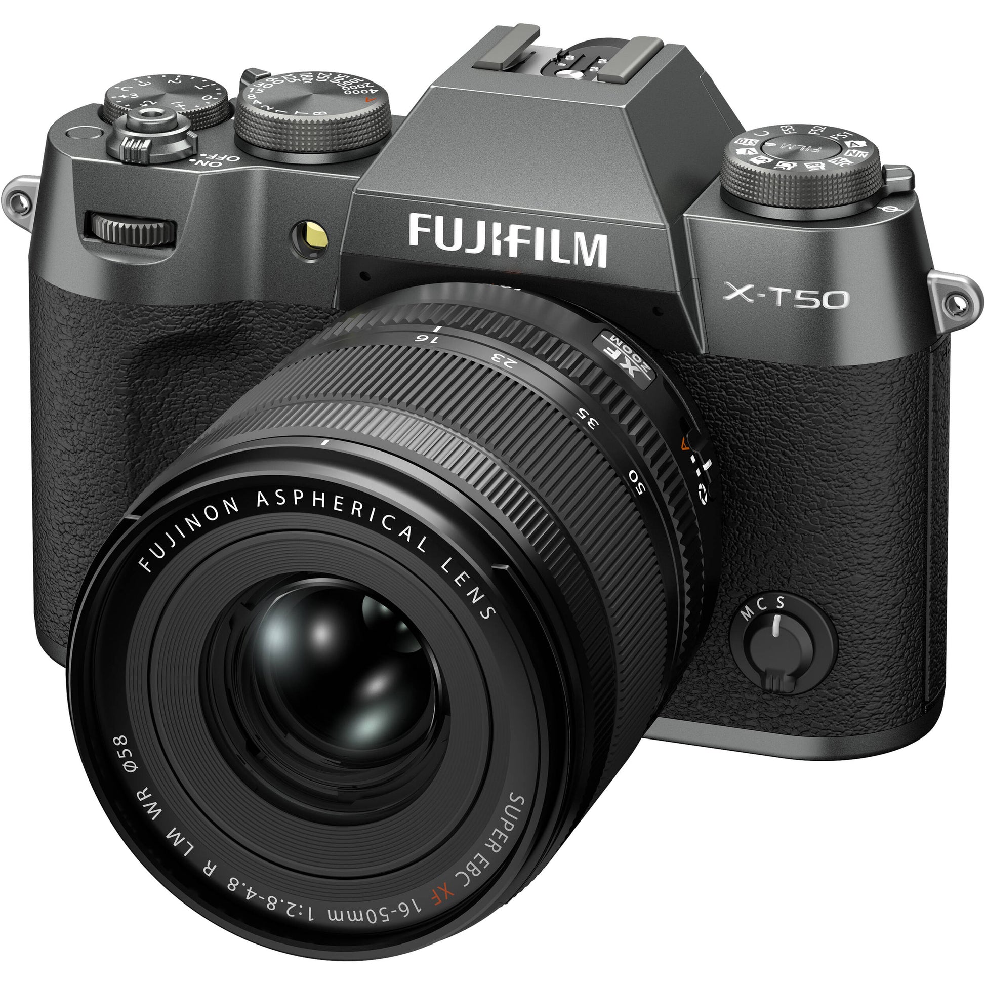 Fujifilm X-T50 mirrorless camera in charcoal grey with 40.2MP APS-C X-Trans CMOS 5 HR sensor, 16-50mm lens, 7-stop in-body image stabilization, 6.2K video recording, AI-assisted autofocus, and 3-inch tilting touchscreen.
