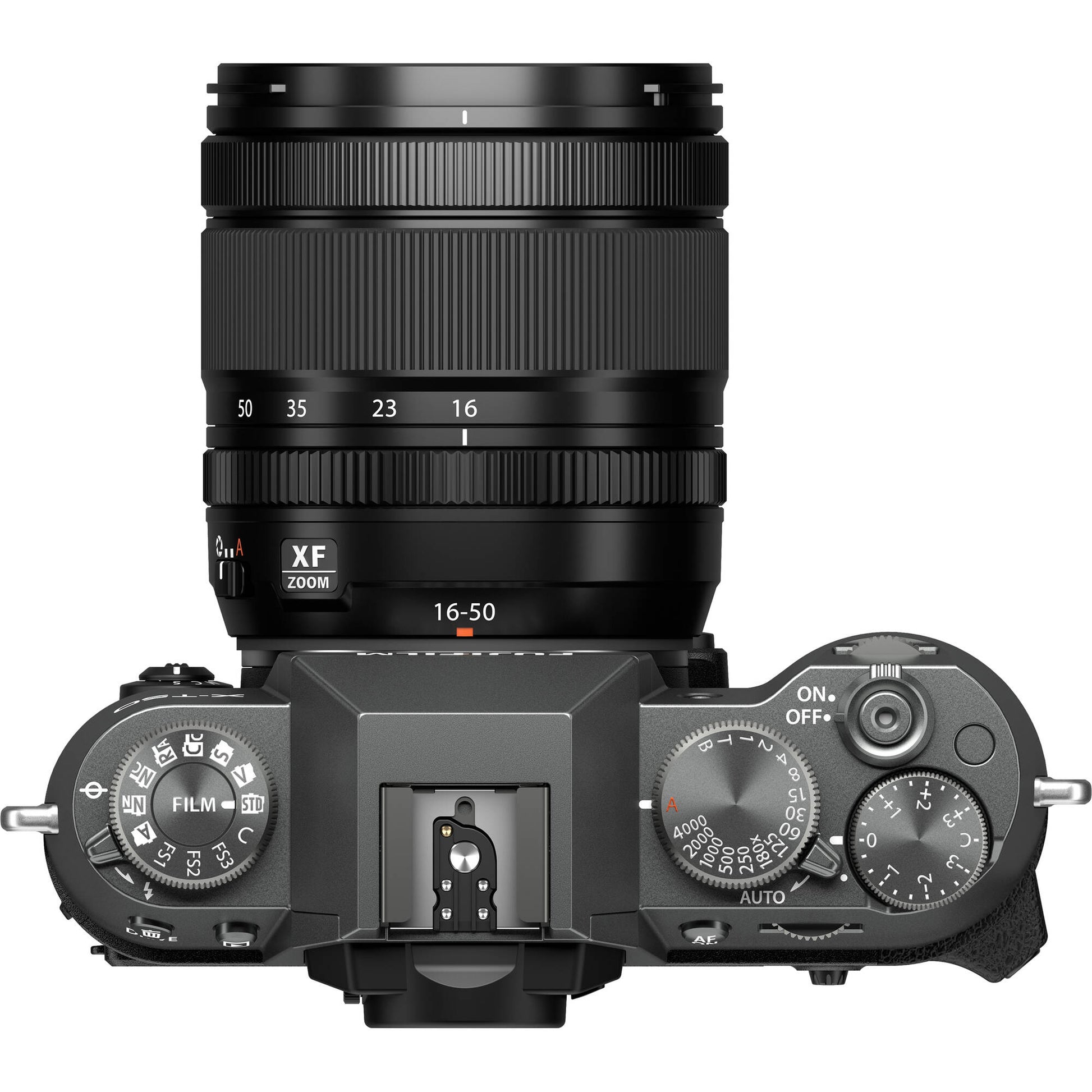 Fujifilm X-T50 mirrorless camera in charcoal grey with 40.2MP APS-C X-Trans CMOS 5 HR sensor, 16-50mm lens, 7-stop in-body image stabilization, 6.2K video recording, AI-assisted autofocus, and 3-inch tilting touchscreen.