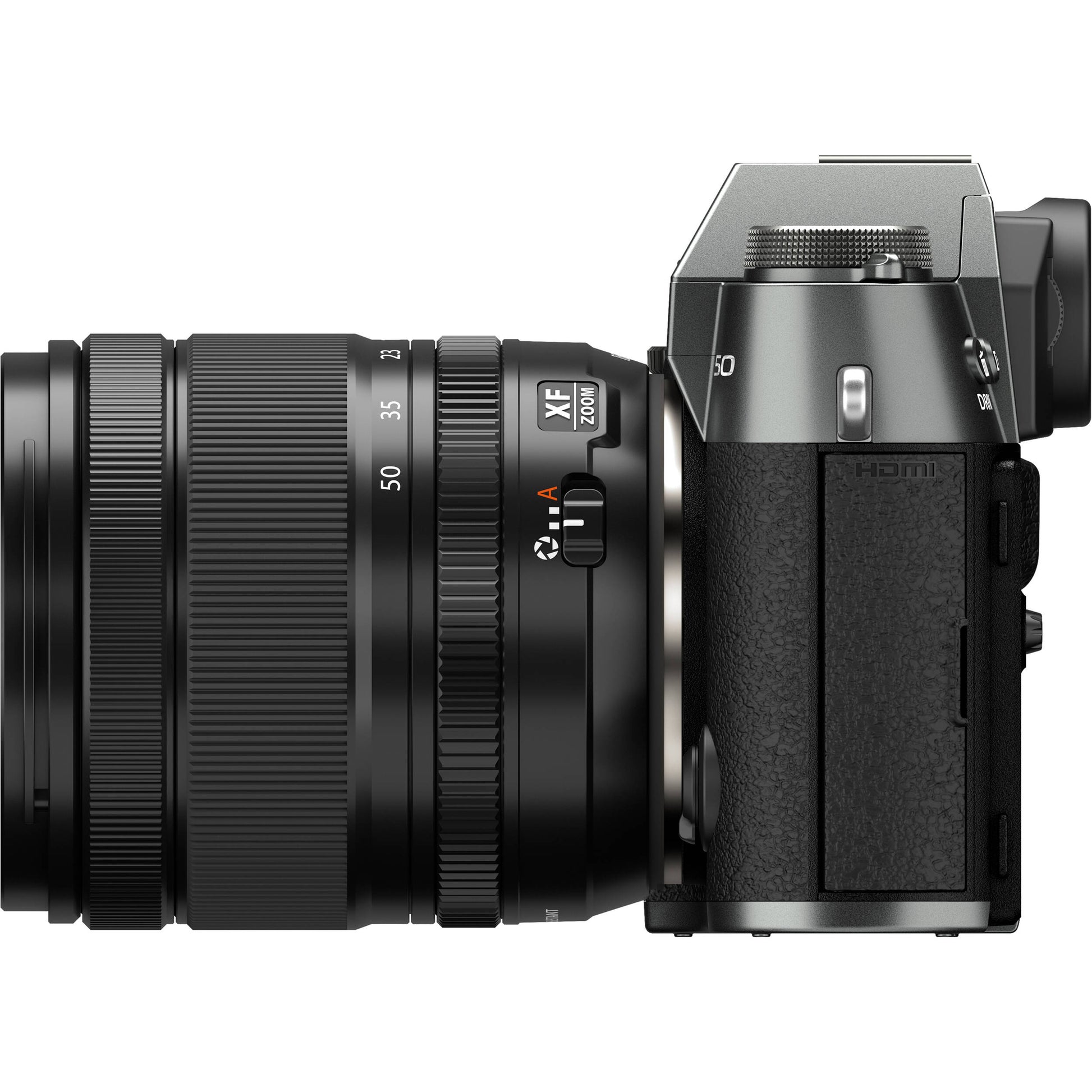 Fujifilm X-T50 mirrorless camera in charcoal grey with 40.2MP APS-C X-Trans CMOS 5 HR sensor, 16-50mm lens, 7-stop in-body image stabilization, 6.2K video recording, AI-assisted autofocus, and 3-inch tilting touchscreen.