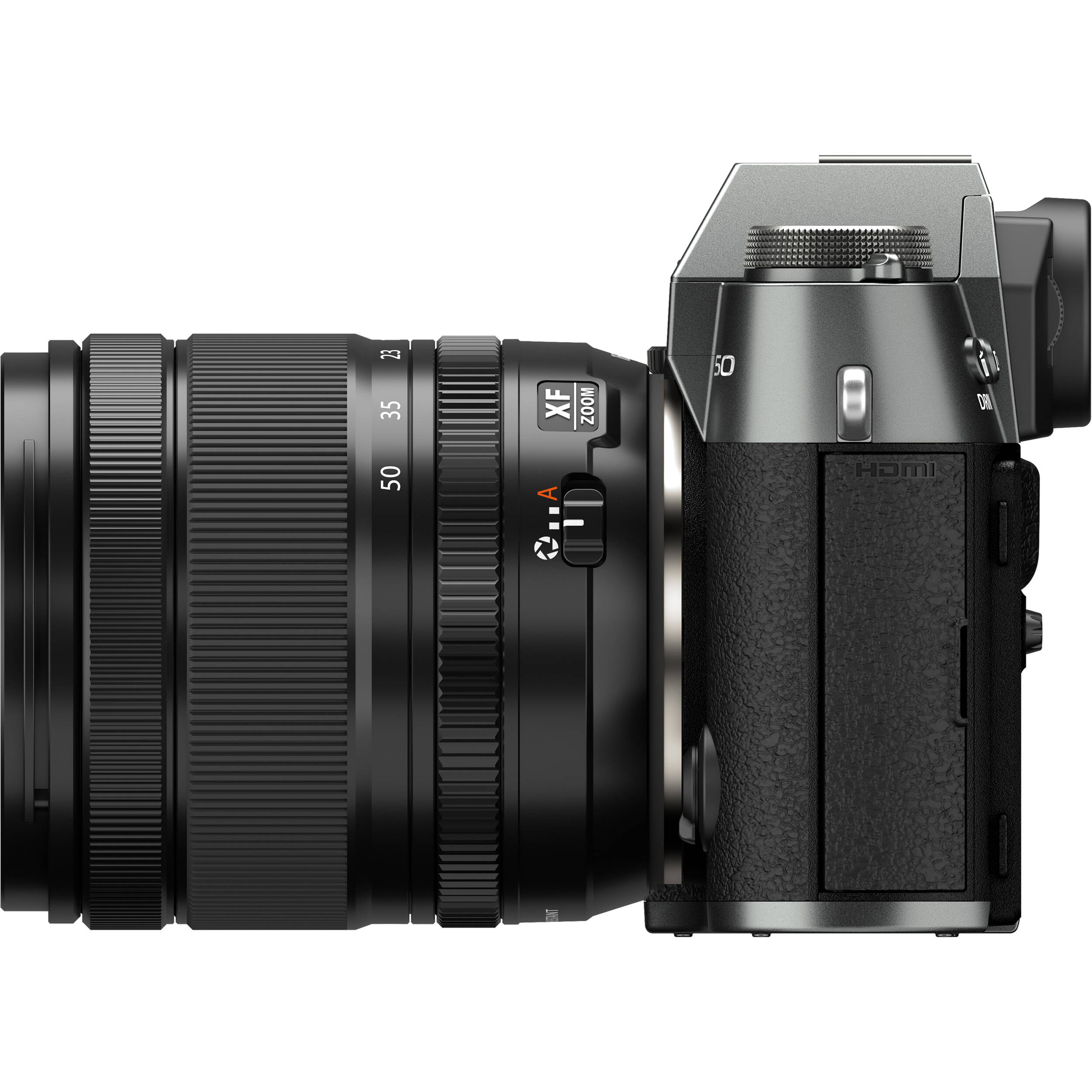 Fujifilm X-T50 mirrorless camera in charcoal grey with 40.2MP APS-C X-Trans CMOS 5 HR sensor, 16-50mm lens, 7-stop in-body image stabilization, 6.2K video recording, AI-assisted autofocus, and 3-inch tilting touchscreen.