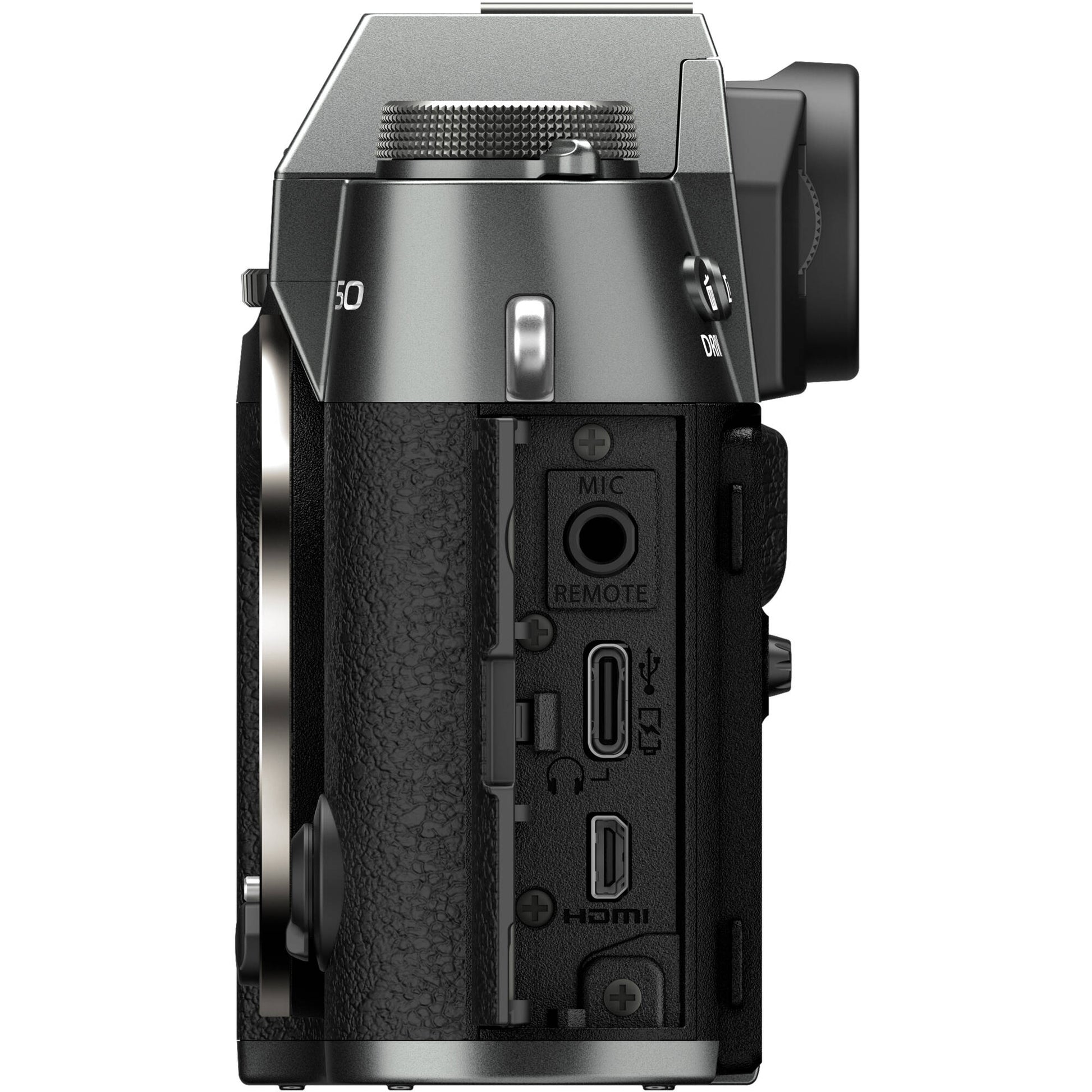 Fujifilm X-T50 mirrorless camera in charcoal grey with 40.2MP APS-C X-Trans CMOS 5 HR sensor, 16-50mm lens, 7-stop in-body image stabilization, 6.2K video recording, AI-assisted autofocus, and 3-inch tilting touchscreen.