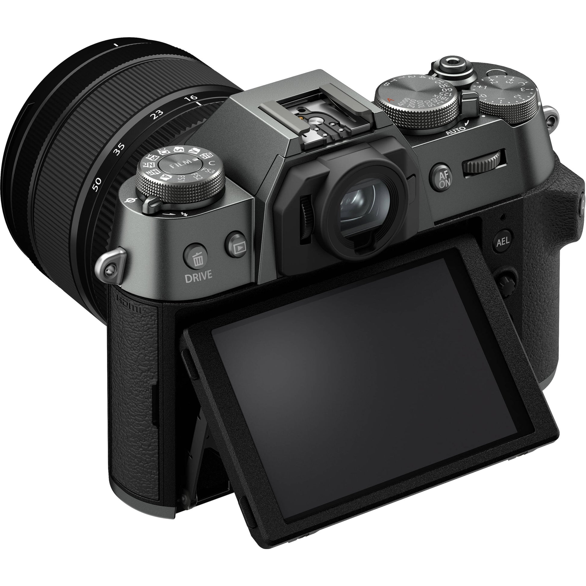 Fujifilm X-T50 mirrorless camera in charcoal grey with 40.2MP APS-C X-Trans CMOS 5 HR sensor, 16-50mm lens, 7-stop in-body image stabilization, 6.2K video recording, AI-assisted autofocus, and 3-inch tilting touchscreen.