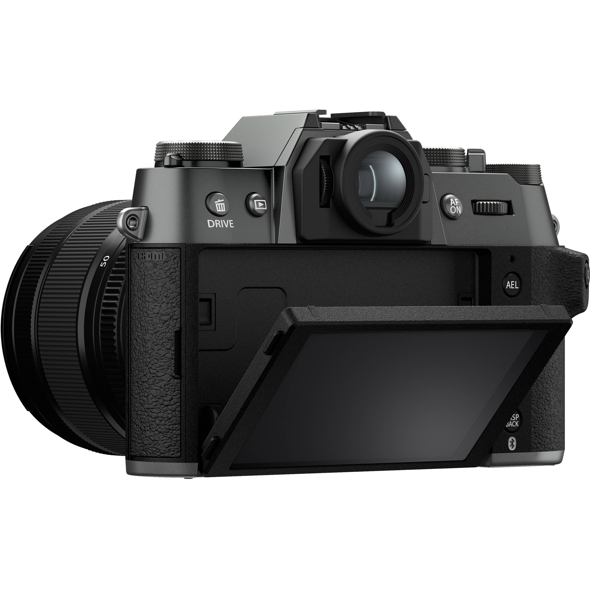 Fujifilm X-T50 mirrorless camera in charcoal grey with 40.2MP APS-C X-Trans CMOS 5 HR sensor, 16-50mm lens, 7-stop in-body image stabilization, 6.2K video recording, AI-assisted autofocus, and 3-inch tilting touchscreen.