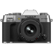 Fujifilm X-T50 silver mirrorless camera with 40.2MP APS-C X-Trans CMOS 5 HR sensor, 16-50mm lens, 7-stop in-body image stabilization, 6.2K video recording, AI autofocus, and 3-inch tilting touchscreen.