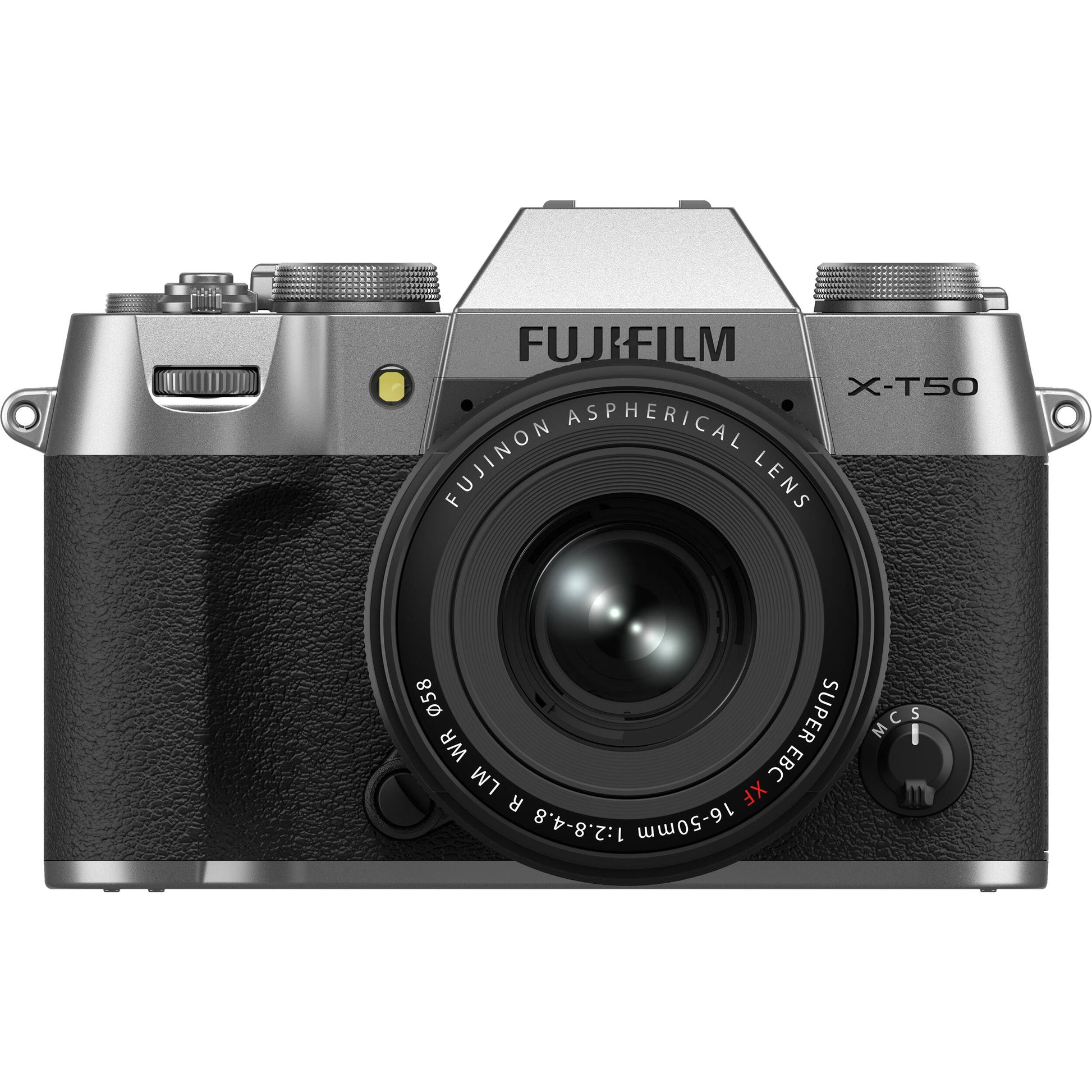 Fujifilm X-T50 silver mirrorless camera with 40.2MP APS-C X-Trans CMOS 5 HR sensor, 16-50mm lens, 7-stop in-body image stabilization, 6.2K video recording, AI autofocus, and 3-inch tilting touchscreen.