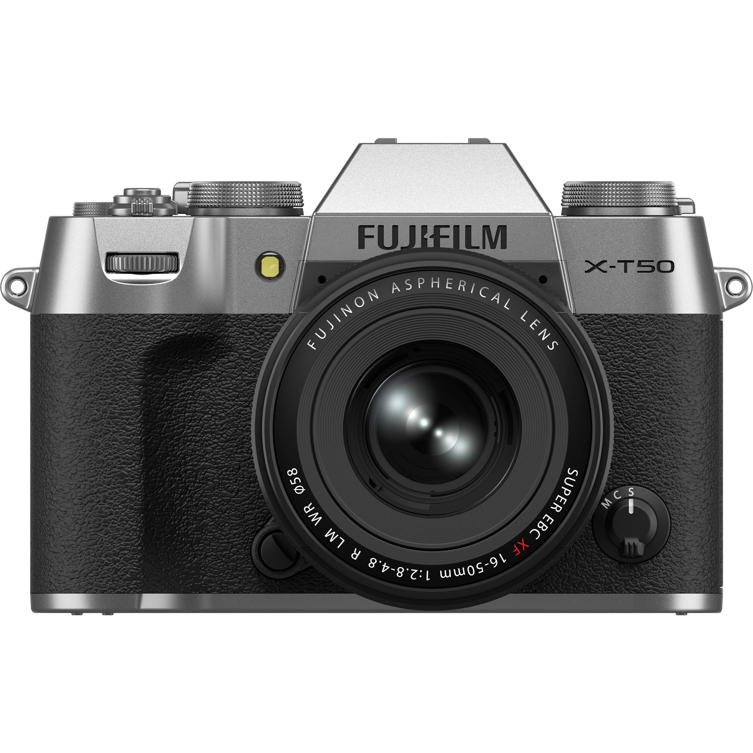 Fujifilm X-T50 silver mirrorless camera with 40.2MP APS-C X-Trans CMOS 5 HR sensor, 16-50mm lens, 7-stop in-body image stabilization, 6.2K video recording, AI autofocus, and 3-inch tilting touchscreen.