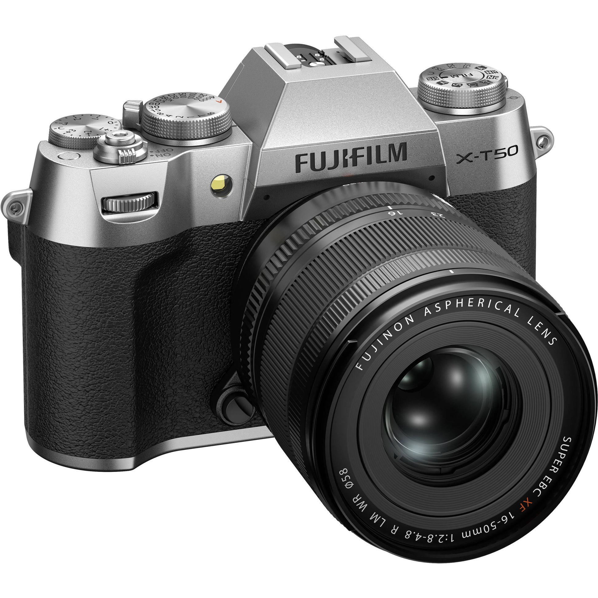 Fujifilm X-T50 silver mirrorless camera with 40.2MP APS-C X-Trans CMOS 5 HR sensor, 16-50mm lens, 7-stop in-body image stabilization, 6.2K video recording, AI autofocus, and 3-inch tilting touchscreen.