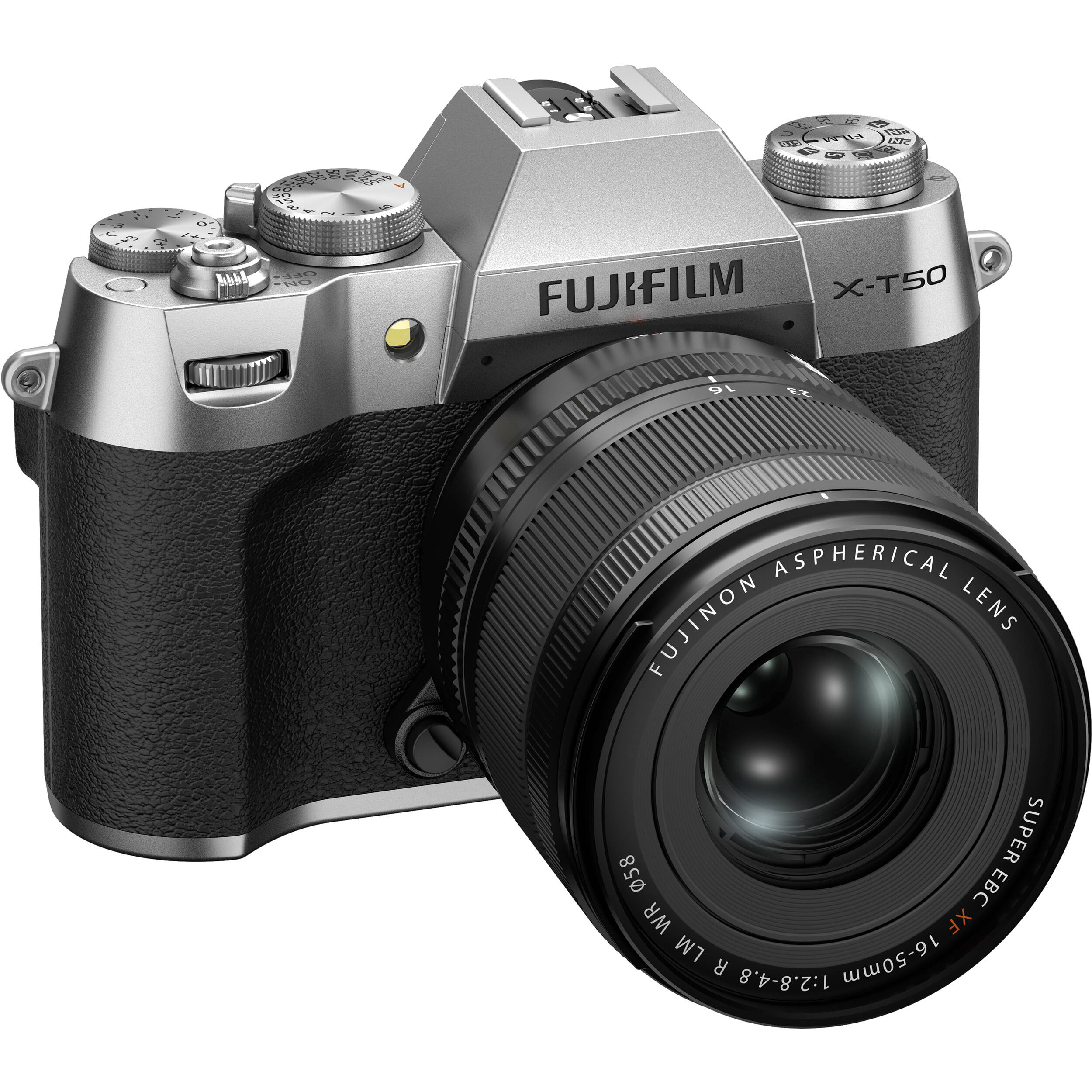 Fujifilm X-T50 silver mirrorless camera with 40.2MP APS-C X-Trans CMOS 5 HR sensor, 16-50mm lens, 7-stop in-body image stabilization, 6.2K video recording, AI autofocus, and 3-inch tilting touchscreen.