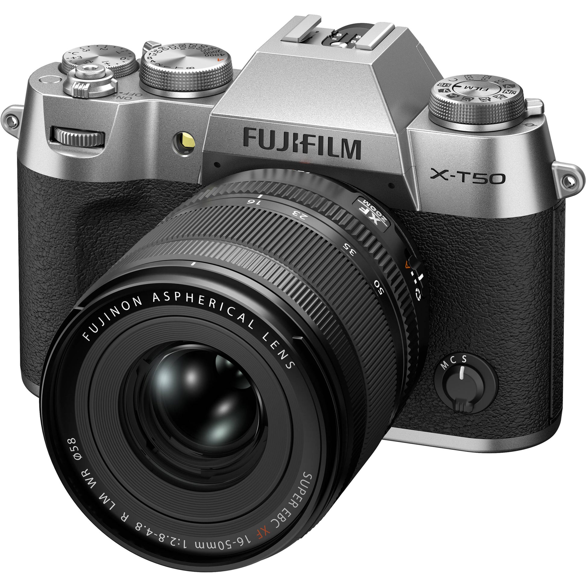 Fujifilm X-T50 silver mirrorless camera with 40.2MP APS-C X-Trans CMOS 5 HR sensor, 16-50mm lens, 7-stop in-body image stabilization, 6.2K video recording, AI autofocus, and 3-inch tilting touchscreen.