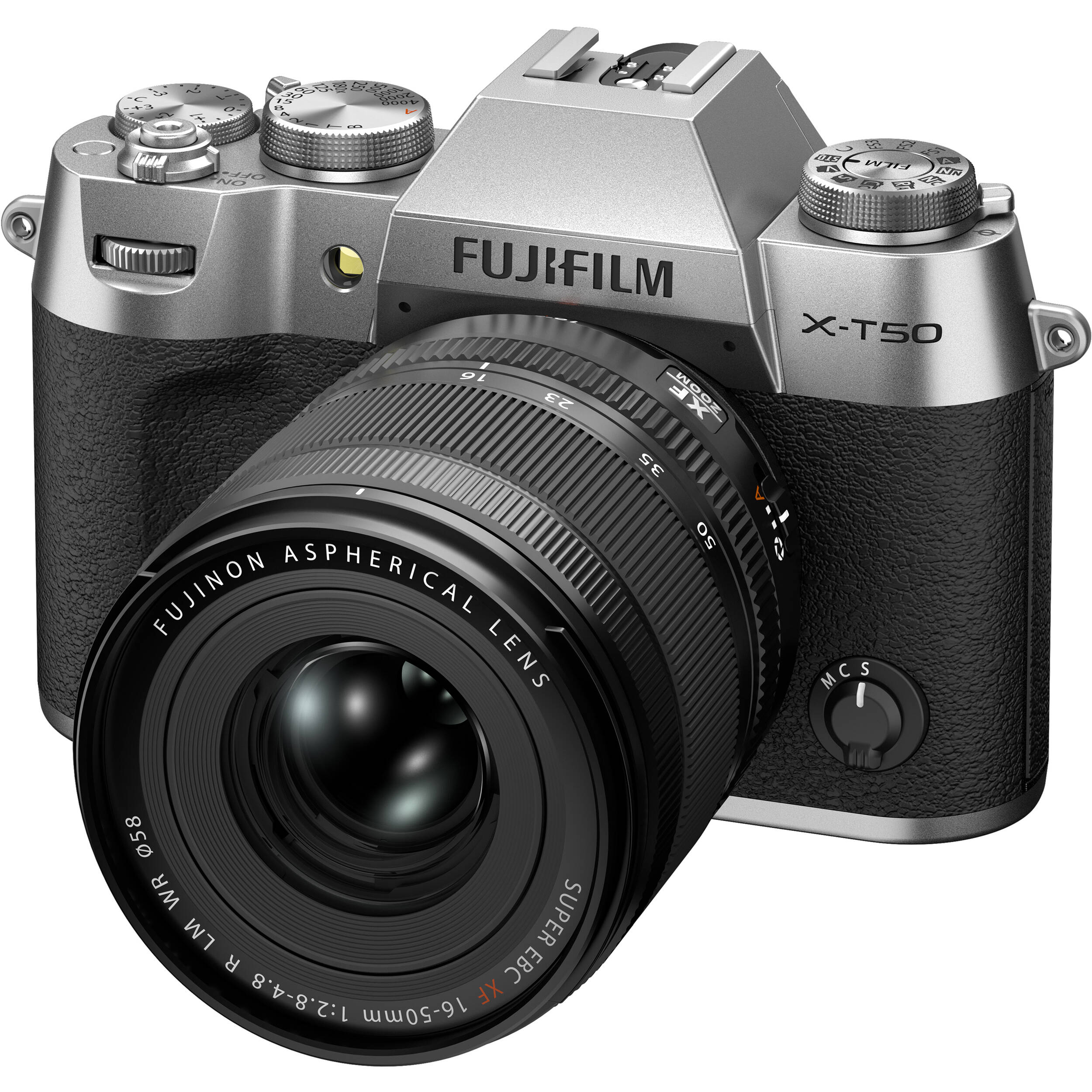 Fujifilm X-T50 silver mirrorless camera with 40.2MP APS-C X-Trans CMOS 5 HR sensor, 16-50mm lens, 7-stop in-body image stabilization, 6.2K video recording, AI autofocus, and 3-inch tilting touchscreen.