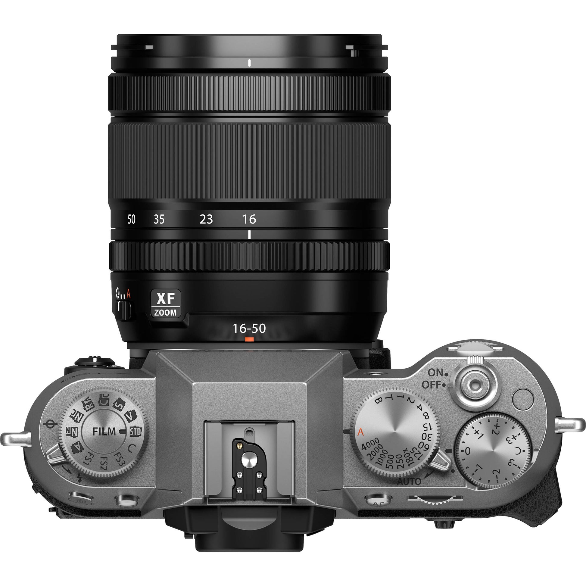 Fujifilm X-T50 silver mirrorless camera with 40.2MP APS-C X-Trans CMOS 5 HR sensor, 16-50mm lens, 7-stop in-body image stabilization, 6.2K video recording, AI autofocus, and 3-inch tilting touchscreen.