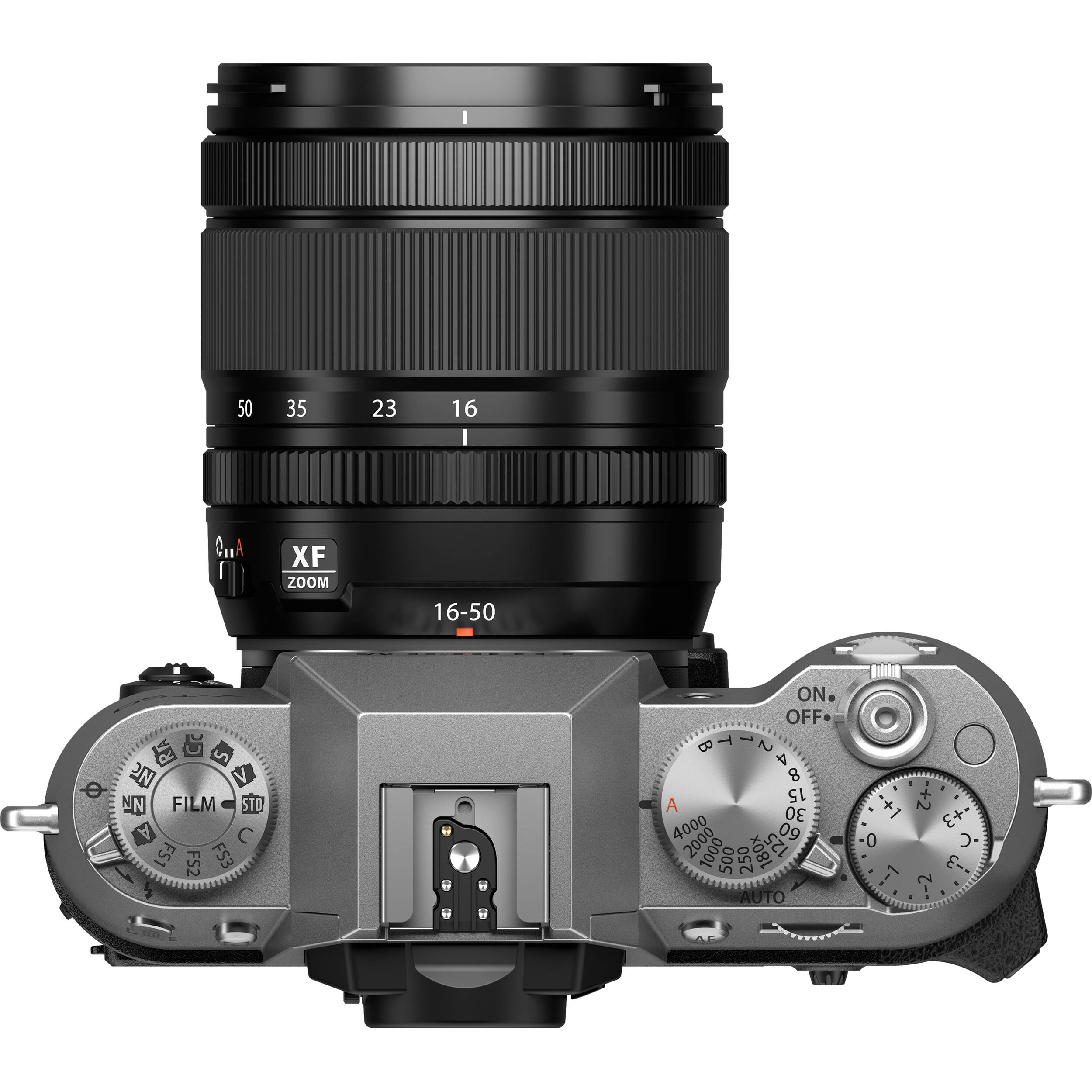 Fujifilm X-T50 silver mirrorless camera with 40.2MP APS-C X-Trans CMOS 5 HR sensor, 16-50mm lens, 7-stop in-body image stabilization, 6.2K video recording, AI autofocus, and 3-inch tilting touchscreen.
